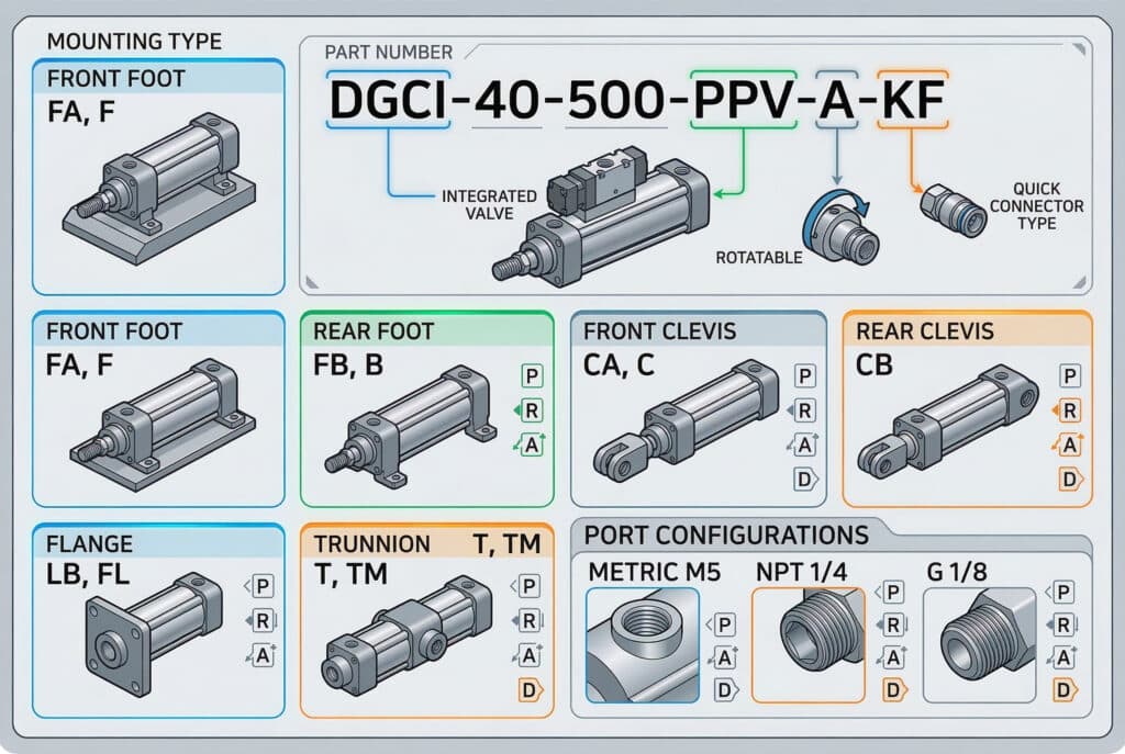 แผนภาพรายละเอียดและภาพจำลองบนอินเทอร์เฟซทางเทคนิคที่สะอาด ซึ่งแสดงรูปแบบการติดตั้งกระบอกลมชนิดต่าง ๆ ประเภทของพอร์ต และรหัสต่อท้ายที่เกี่ยวข้องการระบุจุดชี้จากโค้ดเช่น "FA, F" สำหรับเท้าหน้า, "CB" สำหรับคลีวิสหลัง, "LB, FL" สำหรับหน้าแปลน, "T, TM" สำหรับทรันิออน, "M5" สำหรับเกลียวเมตริก, และ "NPT 1/4" สำหรับเกลียวมาตรฐานอเมริกัน ไปยังตัวแทนทางกายภาพที่เกี่ยวข้องบนทรงกระบอกที่มีลักษณะเฉพาะคำต่อท้ายที่ซับซ้อนเช่น "PPV-A-KF" จะถูกถอดรหัสในตัวอย่างหลัก ซึ่งแสดงให้เห็นวาล์วแบบบูรณาการและพอร์ตที่หมุนได้ แผนภูมิทั้งหมดทำหน้าที่เป็นกุญแจถอดรหัสเชิงการศึกษา.