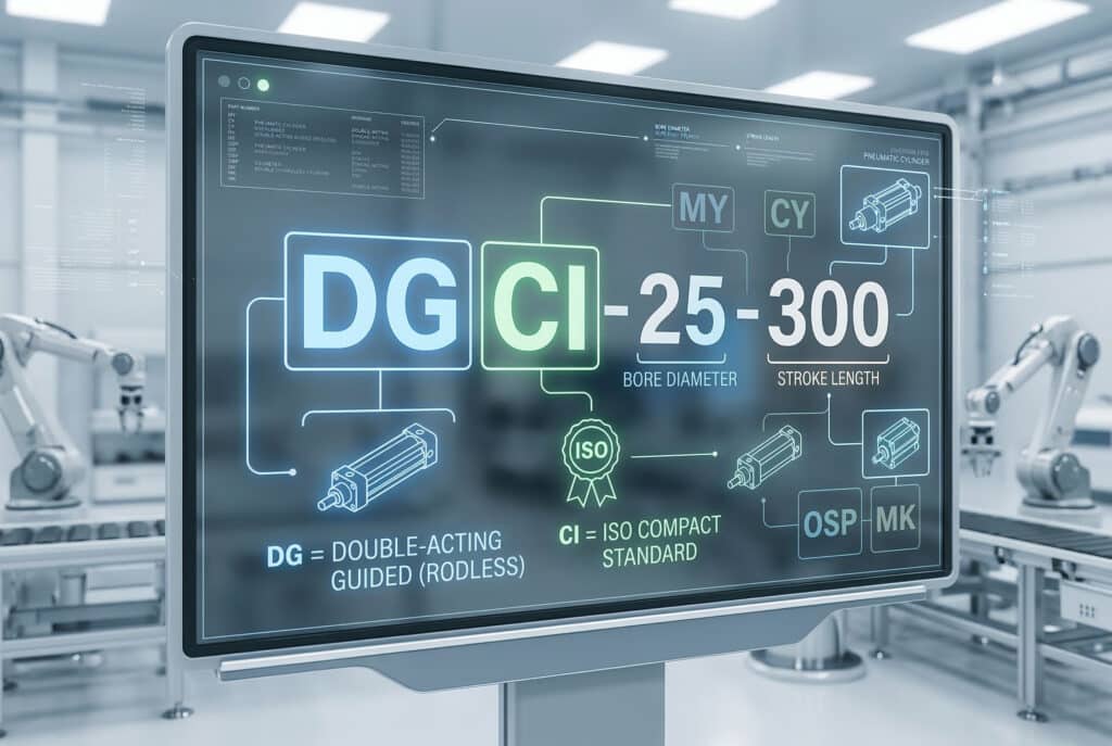 แผนภาพอินโฟกราฟิกทางเทคนิคสมัยใหม่บนหน้าจอขนาดใหญ่ที่แสดงรายละเอียดตัวอักษรแรกของหมายเลขชิ้นส่วนกระบอกสูบนิวเมติก การแสดงภาพอย่างละเอียดอธิบายว่า 'DG' หมายถึงกระบอกสูบแบบสองทิศทางที่มีแกนนำทางและไม่มีแกน และ 'CI' หมายถึงการออกแบบมาตรฐานแบบกะทัดรัด ISO ไอคอนและเส้นเชื่อมต่อรหัสกับตัวแทนทางกายภาพของประเภทและมาตรฐานของกระบอกสูบ แสดงให้เห็นกระบวนการถอดรหัส ภาพนี้ช่วยให้ผู้ใช้เข้าใจตรรกะโครงสร้างของหมายเลขชิ้นส่วนนิวเมติก.