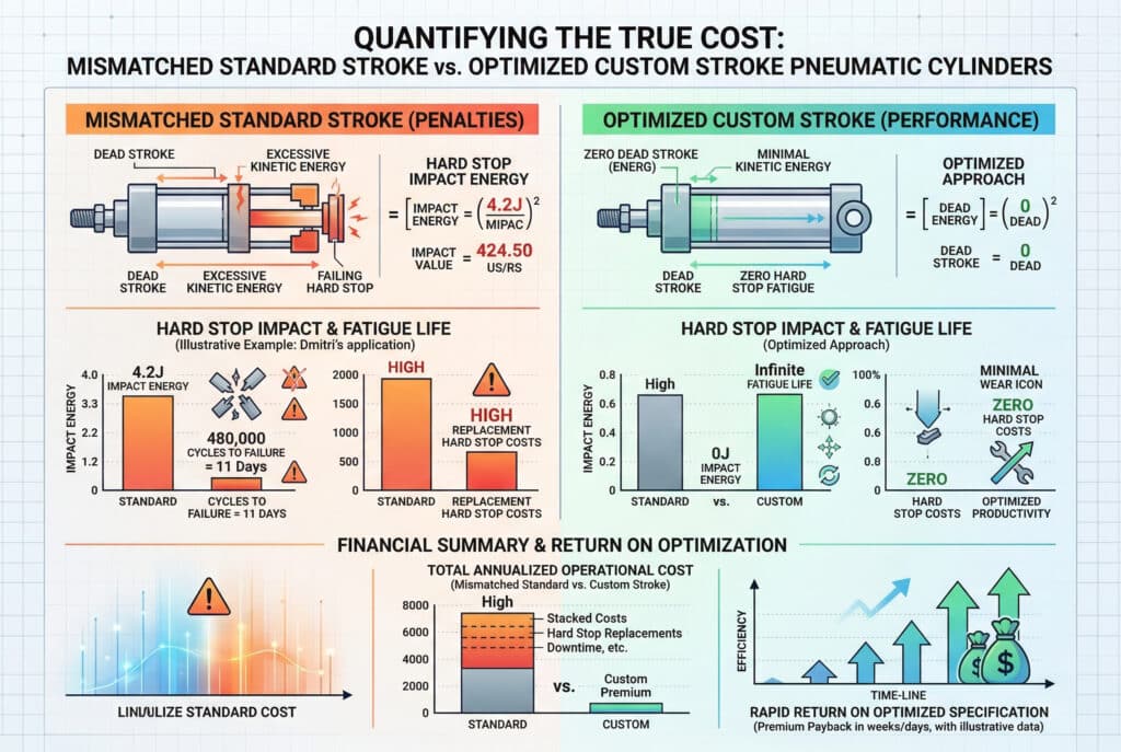 תרשים אינפוגרפי טכני השוואתי הממחיש את העלות האמיתית של צילינדרים פנאומטיים בעלי מהלך סטנדרטי שאינו תואם לעומת צילינדרים בעלי מהלך מותאם אישית. בצד שמאל (בצבעים כתום/אדום) מוצגת אנרגיית ההשפעה הקינטית של מהלך סטנדרטי שאינו תואם (למשל, 4.2 ג'אול), אנרגיית המהלך המת, וחיי עייפות נמוכים בעת עצירה חזקה (למשל, 480 אלף מחזורים = 11 ימים), המכונים "עונשים". הצד הימני (בצבעים ירוק/כחול) מציג את הגישה האופטימלית של צילינדר מותאם אישית עם אפס אנרגיית מהלך מת, אפס השפעה קינטית וחיי עייפות אינסופיים. תרשימי עמודות משווים: אנרגיית השפעה של עצירה חזקה, חיי עייפות של עצירה חזקה ועלות תפעול שנתית כוללת (עם רכיבים מצטברים כמו החלפות וזמן השבתה). גרף סופי מציג את "התשואה על האופטימיזציה" עם החזר מהיר ופרודוקטיביות מיטבית. נוסחאות וסמלים קונספטואליים כלולים לאורך כל הדרך.