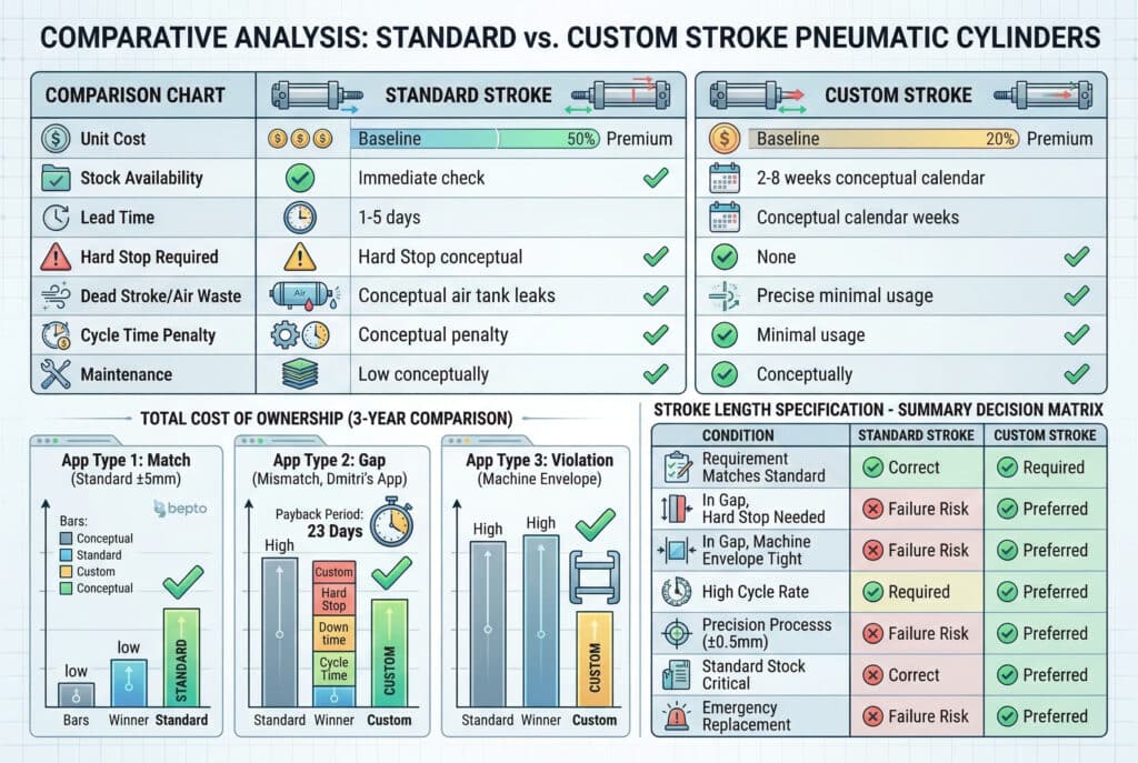 אינפוגרפיקה הנדסית השוואתית שכותרתה 'ניתוח השוואתי: צילינדרים פנאומטיים סטנדרטיים לעומת צילינדרים פנאומטיים בהתאמה אישית', המפרטת השוואה מלאה של עלויות, זמני אספקה וביצועים, כולל טבלה של גורמים עם סמלים רעיוניים וסימוני וי. התמונה כוללת גם תרשימי עמודות חזותיים עבור 'עלות בעלות כוללת (השוואה ל-3 שנים)' על פני שלושה סוגי יישומים (סטנדרטי ±5 מ'מ, אי-התאמת מרווח - Dmitri's, ומרחב מכונה צפוף) ו'מפרט אורך מהלך - מטריצת החלטות מסכמת' סופית. נקודות נתונים כגון עלות ליחידה, זמן אספקה, כשל עצירה מוחלטת וזמן מחזור מסווגות ומוצגות באופן ברור.