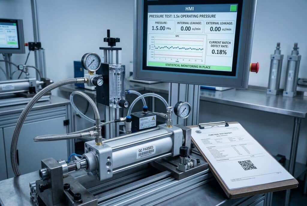 ภาพถ่ายระยะใกล้ของกระบอกสูบนิวเมติกที่กำลังถูกทดสอบแรงดันและการรั่วซึมบนแท่นทดสอบเฉพาะทางในห้องปฏิบัติการควบคุมคุณภาพระดับมืออาชีพ โดยมีหน้าจอ HMI ขนาดใหญ่แสดงข้อความว่า 'การทดสอบแรงดัน: 1.5 เท่าของแรงดันใช้งาน' 'การรั่วซึมภายใน:0.00 ซีซี/นาที', 'การรั่วไหลภายนอก: 0.00 ซีซี/นาที', แผนภูมิ SPC และ 'อัตราการบกพร่องของชุดผลิต: 0.18%' ซึ่งเน้นย้ำถึงขั้นตอนการควบคุมคุณภาพอย่างละเอียดถี่ถ้วน.