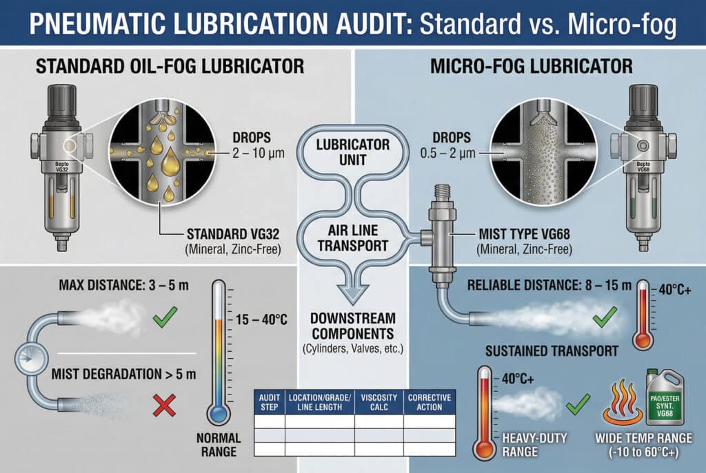 ภาพประกอบทางเทคนิคที่ละเอียดนี้เปรียบเทียบเครื่องหล่อลื่นแบบน้ำมันหมอกมาตรฐานและแบบไมโครฟอก โดยแสดงให้เห็นว่าขนาดของละอองหมอกมีผลต่อระยะการขนส่งที่เชื่อถือได้ผ่านท่ออากาศอย่างไร ภาพแสดงให้เห็นว่าน้ำมันแร่ VG32 มาตรฐานจะแตกตัวหลังจาก 3-5 เมตร (เมื่อใช้เครื่องหล่อลื่นมาตรฐาน) ในขณะที่ละอองหมอกขนาดเล็กกว่า (0.5-2 µm) ที่ใช้กับน้ำมันแร่ VG68 สามารถรักษาการขนส่งได้ถึง 8-15 เมตรตัวเลือก PAO/Ester สังเคราะห์แสดงช่วงที่กว้างขึ้นและความเข้ากันได้กับอุณหภูมิที่รุนแรง (-10°C ถึง 60°C+) ตารางสรุปเชื่อมโยงข้อมูลการตรวจสอบ เช่น อุณหภูมิ ระดับ และระยะทาง กับข้อกำหนดของสเปคไมโครฟอก.