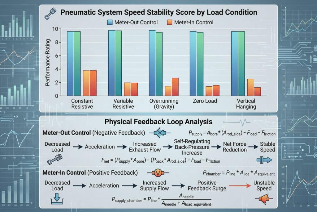 อินโฟกราฟิกทางวิศวกรรมมืออาชีพที่เปรียบเทียบความเสถียรของการควบคุมแบบนิวเมติก ส่วนบนสุดแสดงแผนภูมิแท่งที่ประเมิน Meter-Out (สีฟ้า/เขียวเย็นเสถียร, สูงคงที่) และ Meter-In (สีส้ม/แดงร้อนไม่เสถียร, ต่ำยกเว้นคงที่) ในห้าสภาวะโหลด: ความต้านทานคงที่, ความต้านทานแปรผัน, การหมุนเกิน (แรงโน้มถ่วง), ไม่มีโหลด, แขวนแนวตั้งด้านล่างนี้ แผนภาพการไหลของตรรกะพร้อมสูตรฟิสิกส์ที่ผสานรวมจะอธิบาย 'การควบคุมการวัดออก (การป้อนกลับเชิงลบ)' (โหลดลดลง → การเร่งความเร็ว → การไหลของไอเสียเพิ่มขึ้น → การเพิ่มแรงดันย้อนกลับที่ควบคุมตัวเอง → การลดแรงสุทธิ → ความเร็วคงที่) และ 'การควบคุมการวัดเข้า (การป้อนกลับเชิงบวก)' (โหลดลดลง → การเร่งความเร็ว → การไหลของอุปทานเพิ่มขึ้น → การเพิ่มขึ้นของการป้อนกลับเชิงบวก → ความเร็วไม่คงที่)สไตล์โดยรวมสะอาดและทันสมัย พร้อมไอคอนทางเทคนิคและชั้นข้อมูลดิจิทัล ไม่มีตัวละครปรากฏอยู่.