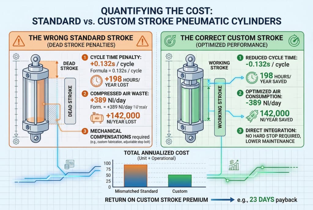 אינפוגרפיקה הנדסית השוואתית שכותרתה "כימות העלות: צילינדרים פנאומטיים בעלי מהלך סטנדרטי לעומת צילינדרים בעלי מהלך מותאם אישית", הכוללת טבלאות נתונים וסמלים המציגים את זמן המחזור ואת בזבוז האוויר הדחוס במקרה של מהלך סטנדרטי שאינו מותאם (לוח שמאלי), לעומת ביצועים מיטביים עם מהלך מותאם אישית (לוח ימני).