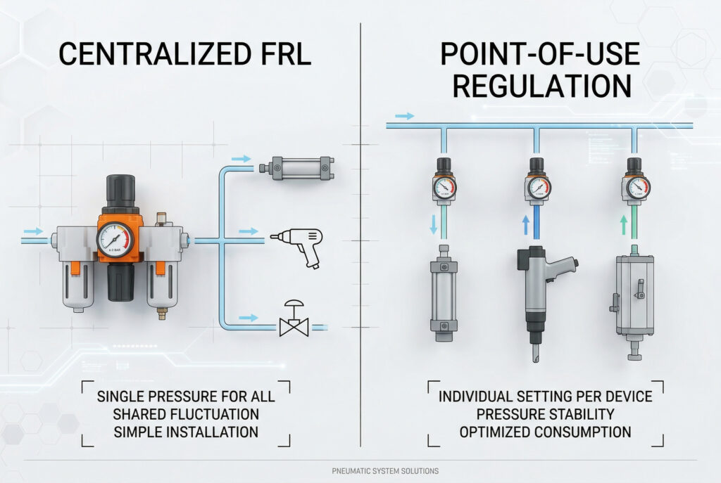 Uporedni inženjerski dijagram koji ilustruje arhitektonsku razliku: centralizirano FRL (jedna jedinica koja opskrbljuje više uređaja istim pritiskom) naspram regulacije na mjestu upotrebe (više pojedinačnih regulatora koji osiguravaju stabilnu, individualnu kontrolu pritiska za svaki uređaj).