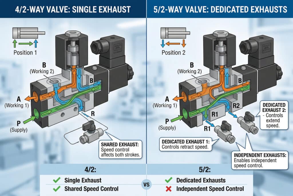 Tehnička infografika koja poredi 4/2-putne i 5/2-putne pneumatske solenoidne ventile. Lijeva strana prikazuje 4/2-putni ventil sa jednim zajedničkim izduvnim otvorom, što ukazuje da kontrola brzine utiče na oba hoda cilindra. Desna strana prikazuje 5/2-putni ventil sa dva odvojena izduvna otvora, ističući kako ova konfiguracija omogućava nezavisnu kontrolu brzine izduženja i povlačenja putem zasebnih ventila za kontrolu protoka. Oba ventila su prikazana kao presječeni 3D modeli sa strelicama protoka na inženjerskoj pozadini.