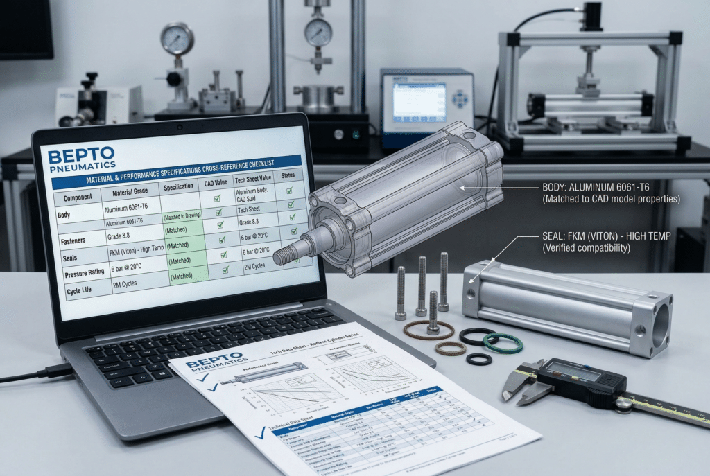 ภาพถ่ายการตรวจสอบทางวิศวกรรมของแบบจำลอง 3 มิติ CAD แบบลอยน้ำของกระบอกสูบไร้ก้าน Bepto Pneumatics ซึ่งมีการติดฉลากอย่างแม่นยำให้ตรงกับส่วนประกอบทางกายภาพที่เกี่ยวข้อง เช่น ตัวกระบอกอลูมิเนียมอโนไดซ์ สลักสกรูสแตนเลส และแหวนซีลต่างๆ บนสถานีงานในห้องปฏิบัติการหน้าจอแล็ปท็อปและเอกสารกระดาษแสดงรายการตรวจสอบที่มีชื่อว่า 'รายการตรวจสอบการอ้างอิงข้ามข้อกำหนดวัสดุและประสิทธิภาพ' โดยมีสถานะที่ตรวจสอบแล้วสำหรับรายการต่างๆ เช่น ระดับวัสดุ ความเข้ากันได้ของซีล ค่าความดันที่กำหนด อายุการใช้งานของรอบ ความสามารถในการรับน้ำหนักด้านข้าง และความเร็วสูงสุด ข้อมูลทั้งหมดตรงกัน แสดงให้เห็นถึงการตรวจสอบความถูกต้องอย่างละเอียด ไม่มีบุคคลปรากฏอยู่.