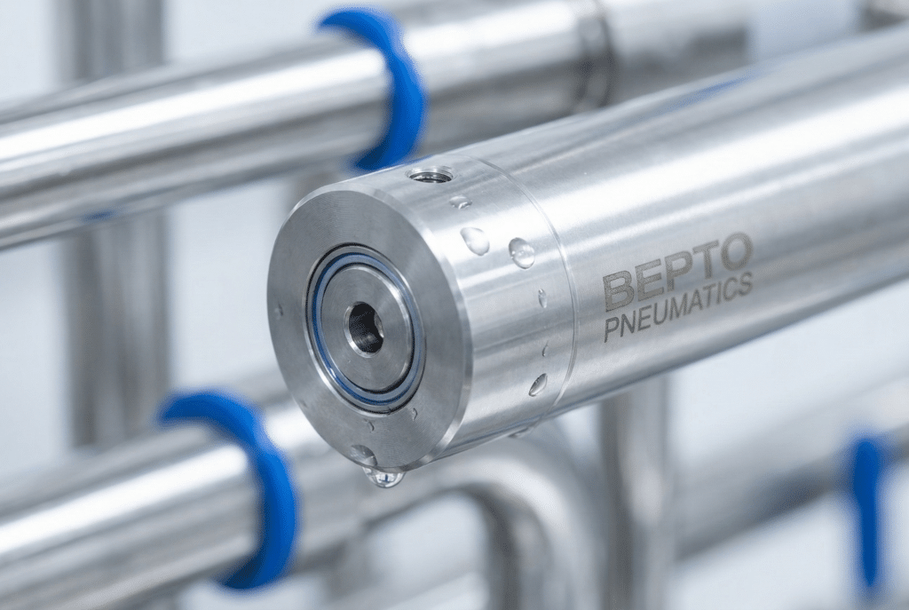 ภาพถ่ายมาโครที่เน้นไปที่สแตนเลสสตีล 316L ที่ขัดเงาและซีลอีลาสโตเมอร์สีฟ้าที่ได้รับการรับรองจาก FDA ของกระบอกสูบอาหาร Bepto Pneumatics ซึ่งแสดงให้เห็นถึงการปฏิบัติตามข้อกำหนดของวัสดุและคุณสมบัติในการทำความสะอาด.