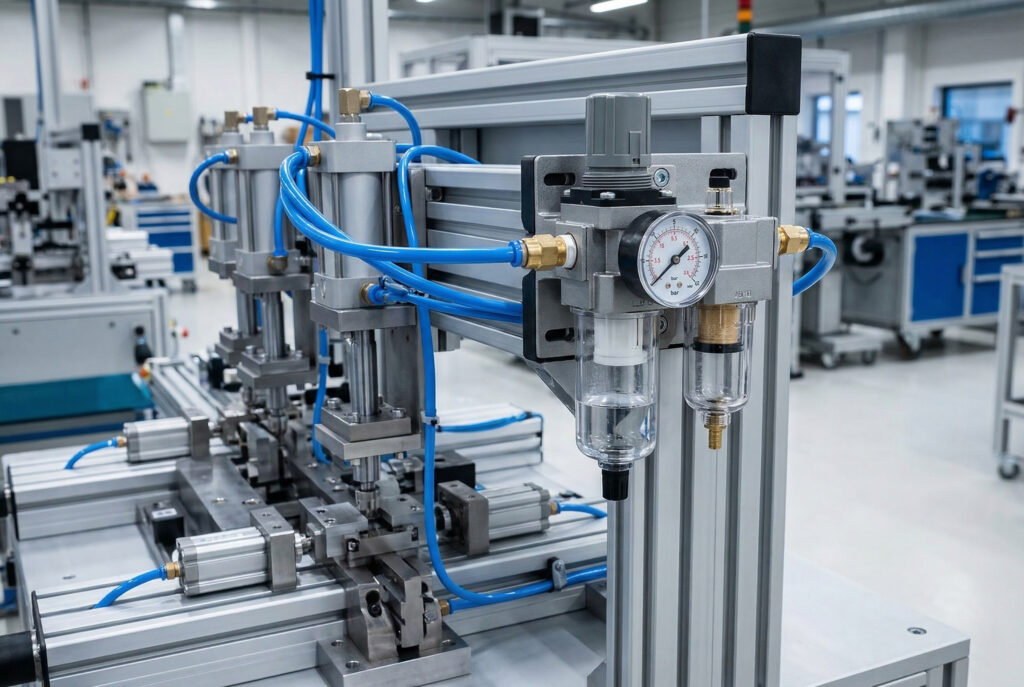 Detaljan prikaz pravilno instalirane centralizirane FRL jedinice na automatiziranoj mašinskoj stezi, koja prikazuje preporučenu arhitekturu za sisteme sa jedinstvenim zahtjevima za pritisak.