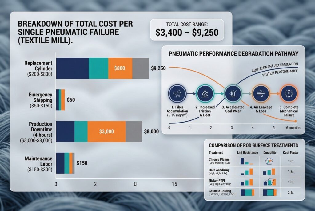 לוח נתונים עסקי מודרני המציג מספר תרשימים ברורים: תרשים עמודות אופקי המפרט את ההשפעה הכספית של תקלה פנאומטית בייצור טקסטיל, ציר זמן רב-שלבי של חדירת מוך הגורמת לירידה בביצועים, ומטריצה השוואתית לטיפולי משטח. הוא מכמת את הבעיה, מדגים מדוע סביבות אלה מאתגרות ויקרות, ומתמקד אך ורק בהמחשת נתונים.