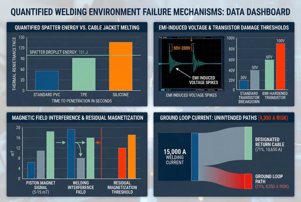 לוח מחוונים משולב להדמיית נתונים, המציג נתונים כמותיים על ארבעה מנגנוני כשל פיזיים של חיישני צילינדרים בסביבת ריתוך: תרשים עמודות של התזות תרמיות המשווה בין חומרי מעטפת, תצוגת אוסצילוסקופ של מתח הנגרם מ-EMI ותרשים עמודות של סף הנזק, השוואת הפרעות מגנטיות במילי-טסלה, ודיאגרמת סנקי הממחישה את הסיכון ללולאת הארקה ב-29% (4,350A) כתוצאה מזרם ריתוך של 15,000A.
