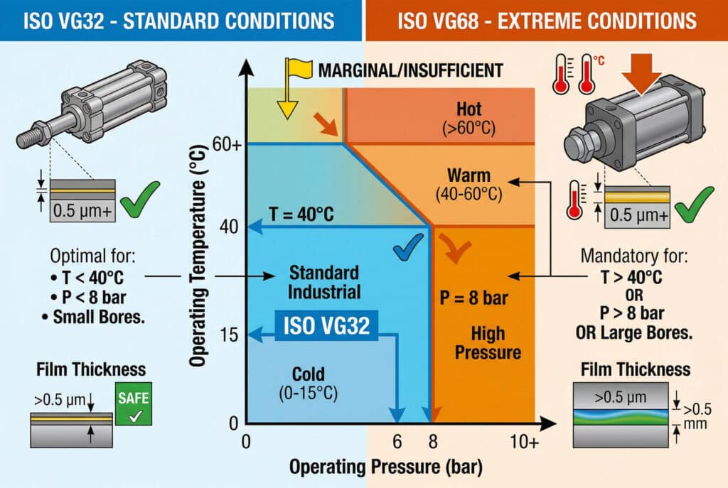แผนภาพอินโฟกราฟิกที่ละเอียดนี้แสดงกรอบการประเมินเชิงปริมาณสำหรับการเลือกระหว่างการหล่อลื่น ISO VG32 และ ISO VG68 โดยพิจารณาจากอุณหภูมิการทำงานและความดันในระบบนิวเมติกส์แผนผังนี้แสดงความสัมพันธ์ระหว่าง 'อุณหภูมิการทำงาน (°C)' กับ 'ความดันการทำงาน (บาร์)' โดยแบ่งพื้นที่การทำงานออกเป็นโซนสีต่าง ๆ ที่แนะนำน้ำมันหล่อลื่น VG32 (มาตรฐาน) หรือ VG68 (หนัก/ร้อน) ตามเกณฑ์ที่กำหนด เช่น 40°C, 8 บาร์ และเส้นผ่านศูนย์กลางกระบอกสูบมากกว่า 63 มม. พร้อมทั้งแสดงบริเวณที่มีความหนาของฟิล์มน้ำมันต่ำหรือไม่เพียงพอในกรณีที่เกี่ยวข้องการเปรียบเทียบทางสายตาของกระบอกสูบมาตรฐานกับกระบอกสูบหนักภายใต้เงื่อนไขอุณหภูมิและน้ำหนักที่แตกต่างกันแสดงให้เห็นถึงความหนาของฟิล์ม.