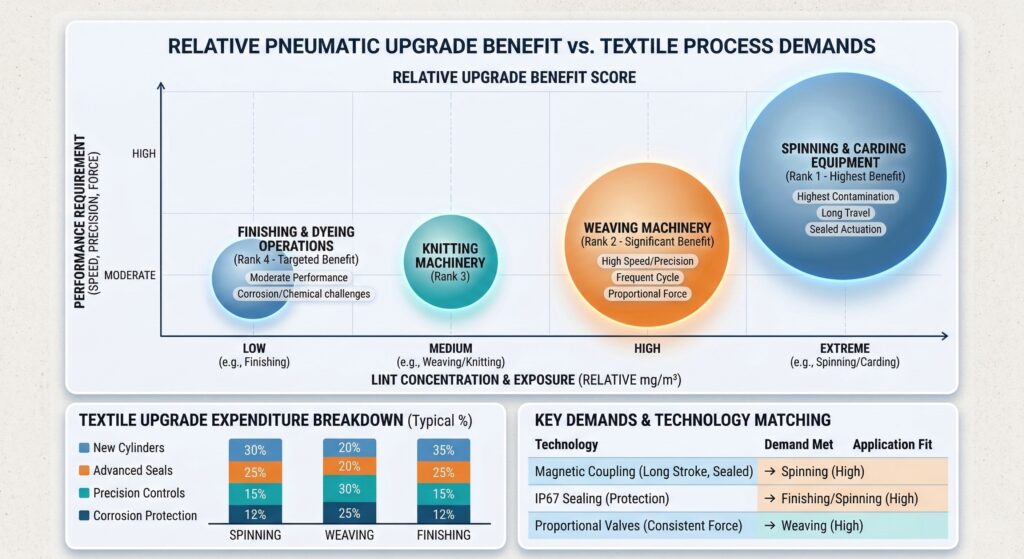 לוח נתונים מקיף עם תרשים בועות מרכזי גדול: "יתרון יחסי של שדרוג פנאומטי לעומת דרישות התהליך", המתאר את "ריכוז וריכוז מוך (מ"ג/מ"ק)" על ציר ה-X ו"דרישות ביצועים (מהירות, דיוק, כוח)" על ציר ה-Y. הבועות עבור סריגה וסירוק (דירוג 1), אריגה (דירוג 2), סריגה (דירוג 3) וגימור וצביעה (דירוג 4) ממוקמות לפי גודל היתרון היחסי של השדרוג, וממחישות כיצד זיהום מוך קיצוני וביצועים גבוהים מובילים לפוטנציאל השיפור המשמעותי ביותר, ללא תמונות מוצרים ספציפיות. הוא מכמת את הטיעון ומדגים היכן הטכנולוגיה מספקת את התשואה הגבוהה ביותר על ההשקעה בתעשיית הטקסטיל.