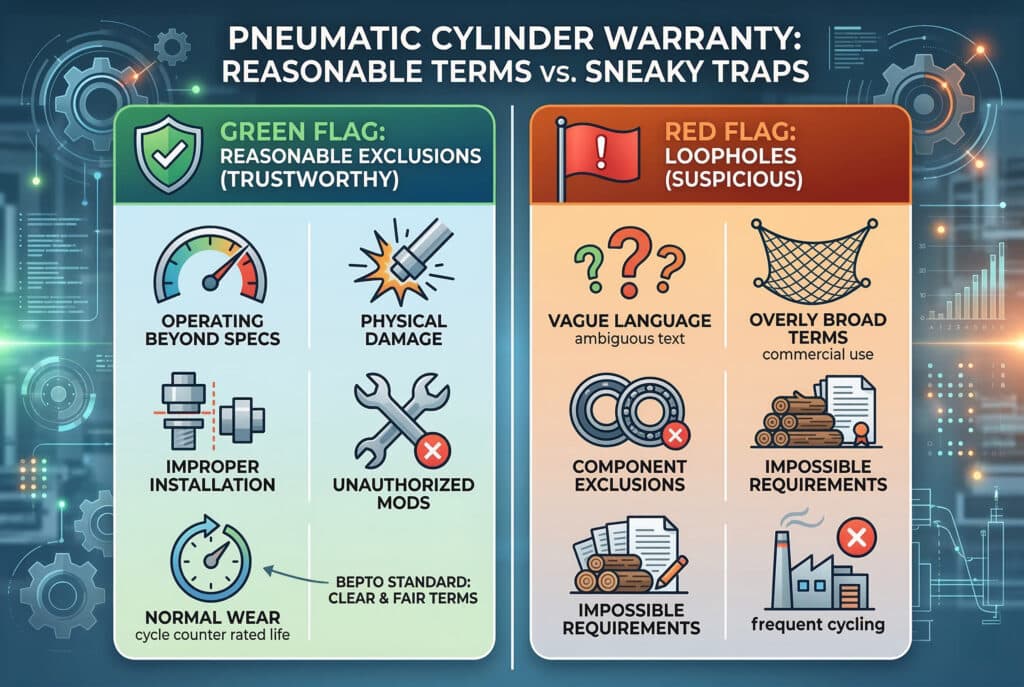 อินโฟกราฟิกที่มีรายละเอียดพร้อมคอลัมน์แนวตั้งสองคอลัมน์ เปรียบเทียบการยกเว้นการรับประกันที่สมเหตุสมผลของกระบอกสูบแบบนิวเมติก 'ธงเขียว' เช่น การใช้งานเกินขีดจำกัดและความเสียหายทางกายภาพ กับช่องโหว่ 'ธงแดง' รวมถึงภาษาที่คลุมเครือและข้อกำหนดที่กว้างเกินไป เน้นความแตกต่างระหว่างการคุ้มครองลูกค้าที่เป็นธรรมกับกับดักที่ใช้ในการปฏิเสธการเรียกร้องที่ชอบธรรม.