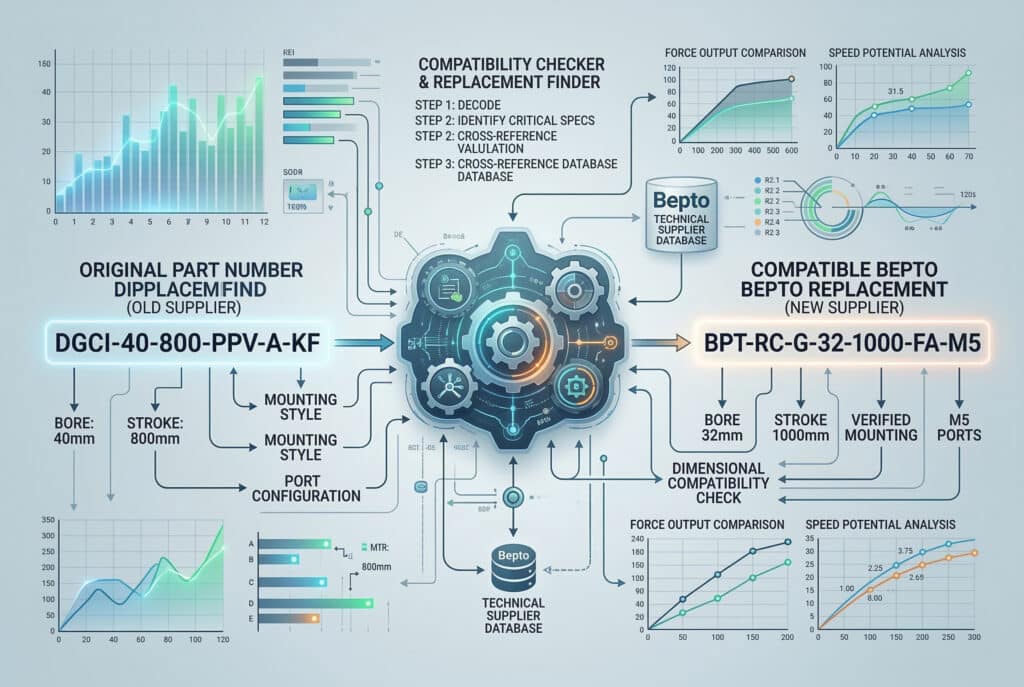แผนภาพการแสดงข้อมูลที่ซับซ้อนและแผนภาพกระบวนการทางเทคนิคที่แสดงขั้นตอนในการใช้หมายเลขชิ้นส่วนกระบอกสูบเพื่อค้นหาชิ้นส่วนทดแทนที่เข้ากันได้ ด้านซ้ายจะแยกหมายเลขชิ้นส่วนดั้งเดิม ('DGCI-40-800-PPV-A-KF') ออกเป็นข้อมูลจำเพาะที่สำคัญ เช่น ขนาดเส้นผ่านศูนย์กลาง, ระยะชัก, การติดตั้ง, และพอร์ตส่วนกลางแสดงกระบวนการค้นหาชิ้นส่วนทดแทน Bepto Replacement Finder พร้อมขั้นตอนต่างๆ เช่น การถอดรหัส การระบุ และการจับคู่ข้อกำหนด ส่วนด้านขวาแสดงหมายเลขชิ้นส่วนทดแทน Bepto ที่เข้ากันได้ ('BPT-RC-G-32-1000-FA-M5') ที่ได้รับการตรวจสอบโดยตัวตรวจสอบกลาง ข้อมูลที่ไหลสว่างไสว โหนดที่เชื่อมต่อกัน และป้ายกำกับภาษาอังกฤษที่ชัดเจนอธิบายตรรกะการทำงาน โดยหลีกเลี่ยงการใช้ภาพผลิตภัณฑ์ใดๆ.