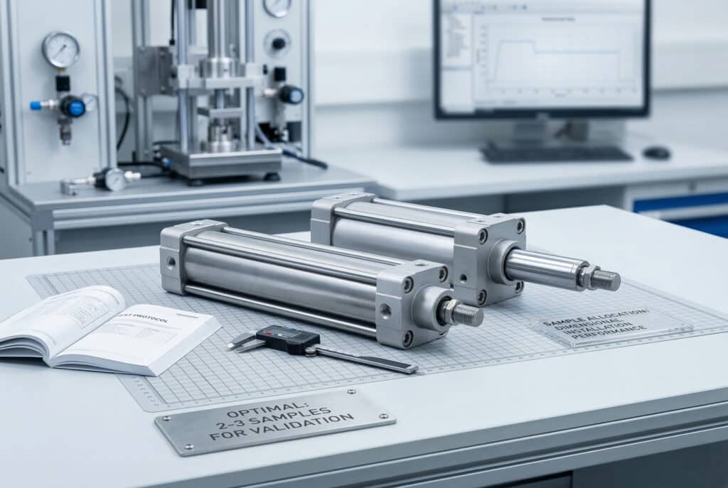 ภาพถ่ายมืออาชีพของกระบอกสูบนิวเมติกสองอันที่แม่นยำ คาลิเปอร์ และเอกสารทดสอบบนพื้นผิวห้องปฏิบัติการ แสดงให้เห็นคำแนะนำของบทความในการขอตัวอย่างในจำนวนที่เหมาะสม (2-3) เพื่อการประเมินผลอย่างละเอียด ภาพนี้เน้นความแม่นยำและการใช้ทรัพยากรอย่างมีประสิทธิภาพในการจัดซื้อจัดจ้าง.