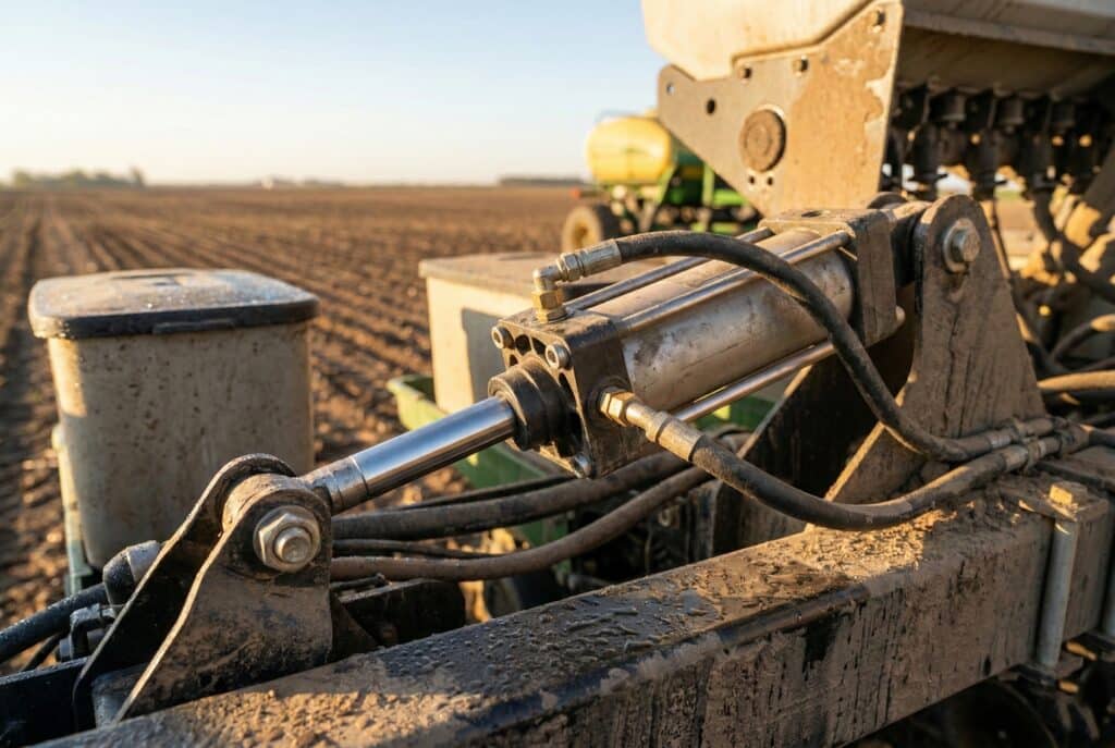 ภาพถ่ายระยะใกล้ของกระบอกสูบแบบนิวแมติกที่ทนทานต่อสภาพอากาศและทำงานได้อย่างเชื่อถือได้บนเครื่องปลูกพืชอัตโนมัติในทุ่งนาที่มีฝุ่นมากในช่วงฤดูปลูก ภาพนี้แสดงให้เห็นถึงความทนทานที่จำเป็นเพื่อป้องกันการหยุดทำงานที่เกิดจากปัจจัยแวดล้อม เช่น ความชื้นและฝุ่นในกระบวนการเกษตร.