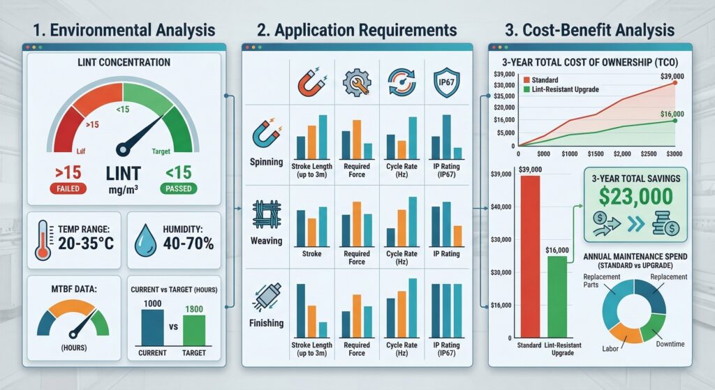 לוח מחוונים להערכה שיטתית המשווה מדדים של רכיבים פנאומטיים סטנדרטיים לעומת רכיבים עמידים בפני מוך בתהליכי ייצור טקסטיל, הכולל ניתוח סביבתי מפורט (למשל, רמות מוך, MTBF), דרישות ספציפיות ליישום (מהלך, כוח) וניתוח עלות-תועלת ל-3 שנים המציג חיסכון פוטנציאלי.