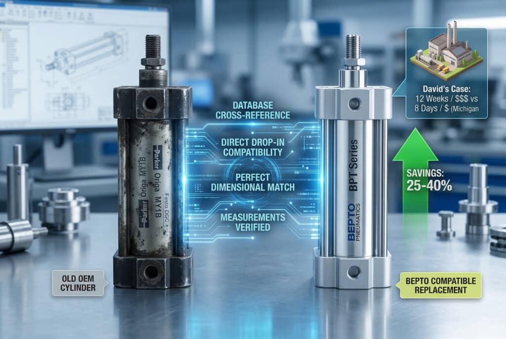 Tehnčka fotografija koja kontrastira istrošeni OEM cilindar bez cijevi (koji predstavlja Parker Origa, Festo, SMC) i novi, dimenzionalno identični zamjenski Bepto. Svjetleće linije podataka vizualiziraju direktnu usporedbu i savršeno podudaranje, ističući uštede i bržu isporuku, kao što je iskusio David u svojoj tvornici u Michiganu.