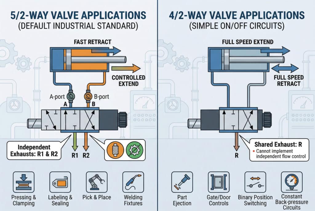 Kompleksna tehnička infografika, podijeljena na dva vertikalna panela koji upoređuju 5/2-putne i 4/2-putne pneumatske smjerne ventile. Lijevi panel prikazuje 5/2-ventil koji upravlja cilindrom, demonstrirajući nezavisnu kontrolu brzine izduženja i uvlačenja (npr. 'BRZO UVLAČENJE' i 'KONTROLISANO IZDUŽENJE'). Tekst ističe 'Nezavisni ispusti: R1 i R2' i navodi primjene poput 'Prešanje i stezanje', 'Etiiketiranje i brtvljenje', 'Pick & Place' i 'Stezni pribor za zavarivanje'. Desni panel prikazuje 4/2-smerni ventil koji upravlja cilindrom, demonstrirajući kretanje punom brzinom za oba hoda (npr. 'PUNO BRZIH ISTISNUTA' i 'PUNO BRZIH UVLAČENJA'). Tekst ističe 'Zajednički ispuh: R' uz upozorenje 'Nije moguća implementacija nezavisne kontrole protoka' i navodi jednostavnije primjene kao što su 'Izbacivanje dijelova', 'Kontrole kapije/vrata', 'Binarno prebacivanje položaja' i 'Kruzi sa konstantnim povratnim pritiskom'. Cjelokupan stil je čist, precizan i profesionalan, koristeći modernu industrijsku paletu boja. Sav tekst je na jasnom engleskom jeziku.