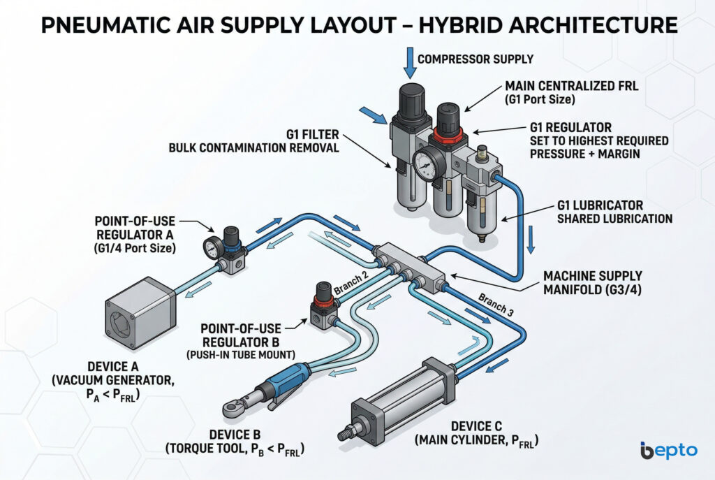 Detaljna, profesionalna 3D inženjerska shematska ilustracija koja prikazuje hibridnu pneumatsku arhitekturu za dovod zraka. Prikazuje glavnu centraliziranu G1 FRL jedinicu (označenu kao Filter, Regulator s manometrom, Lubrikator) povezanu s razvodnikom za napajanje mašine, koja se granči na G1/4 i push-in priključne regulatore na mjestu upotrebe, koji stabiliziraju pritisak za određene uređaje (generator vakuuma i alat za moment) ispod glavnog pritiska FRL-a, dok se glavnom cilindru osigurava direktno napajanje. Tekstualne oznake, uključujući veličine G1 priključaka i oznake pritiska (P_A < P_FRL), pojašnjavaju optimiziranu konfiguraciju. U uglu se nalazi stilizirani logo kompanije BEPTO Pneumatic Solutions.
