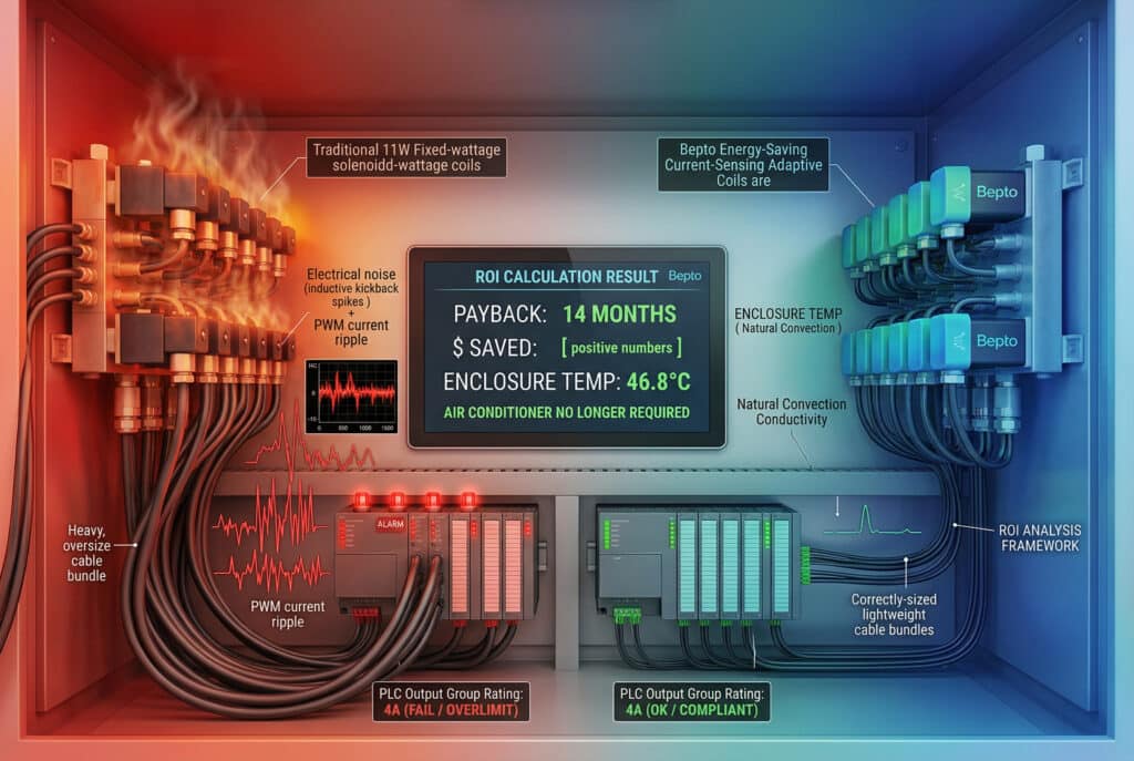 הדמיה אינפוגרפית הנדסית ריאליסטית ברזולוציה גבוהה של פנים לוח בקרה, המפרידה את הסצנה בדייקנות לתצוגה מנוגדת של צבעים חמים מול צבעים קרים. בצד השמאלי נראים מספר סלילי סולנואיד מסורתיים בעלי הספק קבוע של 11 וואט על סעפת שסתומים הפועלת בטמפרטורה גבוהה (צבעים תרמיים אדומים-כתומים עם אובך חום), המחוברים באמצעות צרורות כבלים כבדים וגדולים מהרגיל לכרטיס פלט PLC מתקשה, שעליו נראים נוריות אזהרה מהבהבות באדום. רעש חשמלי מסוגנן (קפיצות החזר אינדוקטיביות ותנודות זרם PWM) מוצג כקווים אדומים משוננים, כאוטיים ומבולבלים. בצד ימין מופיעים מספר סלילי Bepto חסכוניים באנרגיה, בעלי חישת זרם והתאמה, הפועלים בטמפרטורה נמוכה (צבעים תרמיים כחולים-ירוקים) על סעפת דומה, המחוברים בצורה מסודרת באמצעות צרורות כבלים קלים בגודל מתאים לכרטיס פלט PLC יציב עם נוריות ירוקות יציבות. רעש חשמלי מינימלי מוצג כנקודות קטנות וקלות לניהול. במרכז, מסך תצוגה דיגיטלי משולב גדול מציג את חישוב ה-ROI המושלם: 'החזר השקעה: 14 חודשים', 'חיסכון ב-$: [מספרים חיוביים]', 'טמפרטורת המארז: 46.8°C' (לעומת 91.7°C בצד הקונבנציונלי, עם אזהרה גדולה), 'אין עוד צורך במזגן'. תוויות טכניות ברורות מופיעות בכל מקום, כולל 'סליל אדפטיבי חוסך אנרגיה עם חישת זרם של Bepto', 'תוצאת חישוב החזר ההשקעה', 'טמפרטורת המארז (הסעה טבעית)', 'מוליכות הסעה טבעית' ו'מסגרת ניתוח החזר ההשקעה', כאשר כל הטקסט כתוב באנגלית תקינה ומאיית כהלכה. הסצנה כולה מקצועית, מבוססת נתונים ומושלמת ברמת הפיקסלים, ללא דמויות אנושיות.