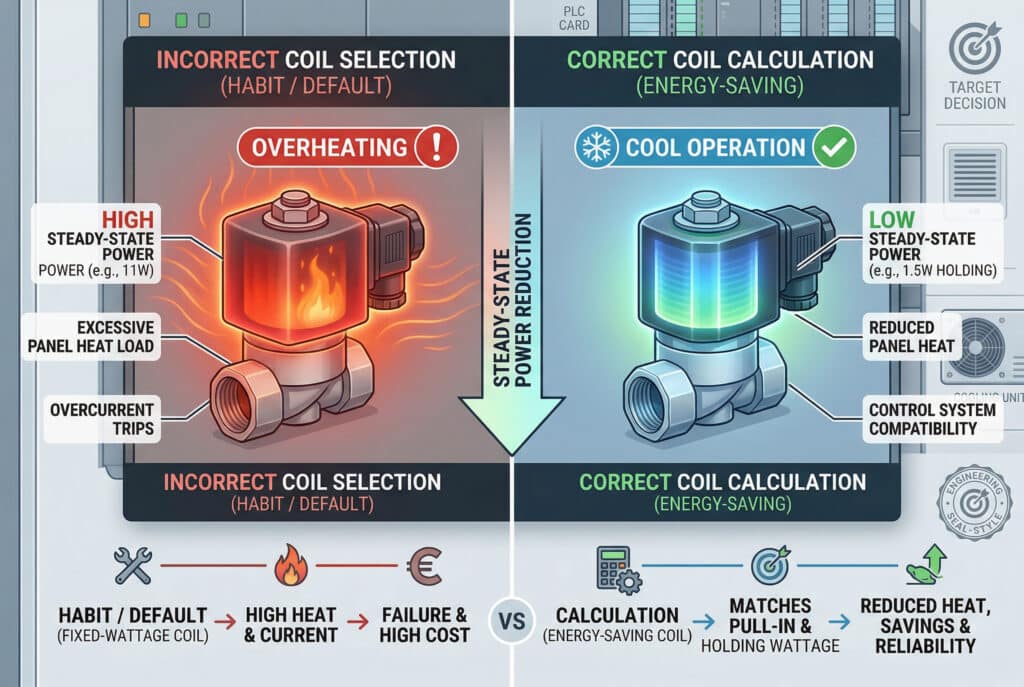 אינפוגרפיקה טכנית מורכבת ותרשים השוואה מאויר ביחס רוחב-גובה של 3:2, המוצגים כמדריך טכני במסך מפוצל בנושא בחירת הספק הסליל של שסתום סולנואיד. החלק השמאלי, שכותרתו 'בחירת סליל שגויה (הרגל / ברירת מחדל)', מציג סליל סולנואיד סטנדרטי בעל הספק קבוע עם זוהר חום אדום עז וכיתוב אדום 'התחממות יתר'. הערות הטקסט מפרטות את ההשלכות השליליות: הספק גבוה במצב יציב (למשל, 11 וואט), עומס חום מוגזם בלוח, וניתוקי זרם יתר. הפאנל הימני, שכותרתו 'חישוב נכון של הסליל (חיסכון באנרגיה)', מציג סליל סולנואיד מודרני וחוסך באנרגיה עם זוהר אור קריר בצבע ירוק-כחול וסמל של פתית שלג קריר. כיתובים מדגישים תכונות חיוביות: הספק נמוך במצב יציב (למשל, 1.5W במצב החזקה), חום מופחת בלוח ותאימות למערכת הבקרה. משולבת חץ המציג הפחתת הספק מכוח משיכה לכוח החזקה. גרפיקה מרכזית ממחישה את הפחתת צריכת החשמל במצב יציב. הרקע כולל לוח בקרה נקי בסגנון הנדסי עם מרקמים מציאותיים ופרטי הקשר קלים, כולל טקסט בגרמנית על רכיבים קטנים כמו 'STUTTGART, GERMANY' על בקר PLC ויחידת קירור, סמל אירו קטן (€) ליד טקסט על עלות האנרגיה, וסמלי 🎯 ו-🔧. הטקסט בתרשים התחתון מסכם את ההיגיון של ההשוואה: 'הרגל / ברירת מחדל (סליל בהספק קבוע)' -> 'חום גבוה וזרם גבוה' -> 'תקלה ועלות גבוהה' לעומת 'חישוב (סליל חסכוני באנרגיה)' -> 'תואם הספק התחלה והחזקה' -> 'חום מופחת, חיסכון ואמינות'. הקומפוזיציה מדויקת, מבוססת נתונים ומושלמת ברמת הפיקסלים.