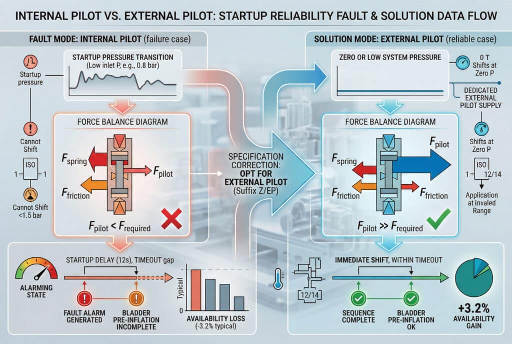 Poređena infografika i dijagram u stilu vizualizacije podataka, koja kontrastira tok grešaka pri pokretanju unutrašnjih naspram vanjskih pilotiranih solenoidnih ventila u industrijskom okruženju. Koristi dijagrame ravnoteže sila da pokaže kako unutrašnji piloti otkazuju pri niskom pritisku pokretanja (alarmi greške, kašnjenje od 12 s), dok vanjski piloti sa zasebnim napajanjem osiguravaju pouzdano trenutačno prebacivanje, uključujući održivost vakuumske usluge i vremensku vizualizaciju rješenja. Nisu prikazane slike proizvoda.