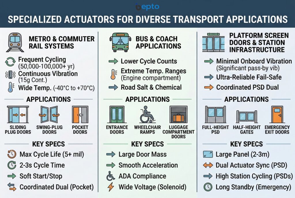 อินโฟกราฟิกเปรียบเทียบที่แสดงเป็นแดชบอร์ดข้อมูลแบบแบ่งคอลัมน์ที่ทันสมัย ชื่อหลักคือ 'แอคทูเอเตอร์พิเศษสำหรับการใช้งานขนส่งที่หลากหลาย' พร้อมโลโก้ Bepto ที่ละเอียดอ่อนในส่วนหัว รูปภาพแบ่งออกเป็นสามคอลัมน์หลักในแนวนอนพร้อมตัวแบ่งที่ชัดเจน โดยเปรียบเทียบสามพื้นที่การใช้งาน: 'ระบบรถไฟฟ้าใต้ดินและรถไฟชานเมือง', 'การใช้งานรถบัสและรถโค้ช', และ 'ประตูชานชาลาและโครงสร้างพื้นฐานสถานี' ในแต่ละคอลัมน์ มีไอคอนประกอบและข้อความที่แม่นยำระบุข้อกำหนดและข้อมูลจำเพาะที่สำคัญที่ได้มาจากบทความ เช่น 'การทำงานบ่อยครั้ง (50,000-100,000+ ปี)', 'การสั่นสะเทือนต่อเนื่อง (15g Cont.)', 'อุณหภูมิกว้าง (-40°C ถึง +70°C)', 'มวลประตูขนาดใหญ่', 'การเร่งความเร็วที่ราบรื่น', 'การปฏิบัติตาม ADA', 'ระบบ Fail-Safe ที่เชื่อถือได้สูง', และ 'แอคทูเอเตอร์คู่ที่ประสานงานกัน (PSD)' การใช้งานเฉพาะ เช่น 'ประตูแบบเลื่อนปลั๊ก', 'ประตูแบบสวิงปลั๊ก', 'ประตูทางเข้า', 'ทางลาดสำหรับรถเข็น', 'ช่องเก็บสัมภาระ', 'PSD แบบเต็มความสูง', 'ประตูครึ่งความสูง', และ 'ทางออกฉุกเฉิน' ถูกรวมไว้พร้อมไอคอนอธิบายขนาดเล็ก ข้อความเป็นภาษาอังกฤษที่สะอาดตา อ่านง่าย พร้อมการไล่ระดับสีทางเทคนิคจากสีน้ำเงินเป็นสีเขียว ไม่มีบุคคลหรือหน่วยผลิตภัณฑ์เฉพาะเจาะจงปรากฏอยู่ มีเพียงภาพรวมแนวคิดเชิงเปรียบเทียบเท่านั้น.
