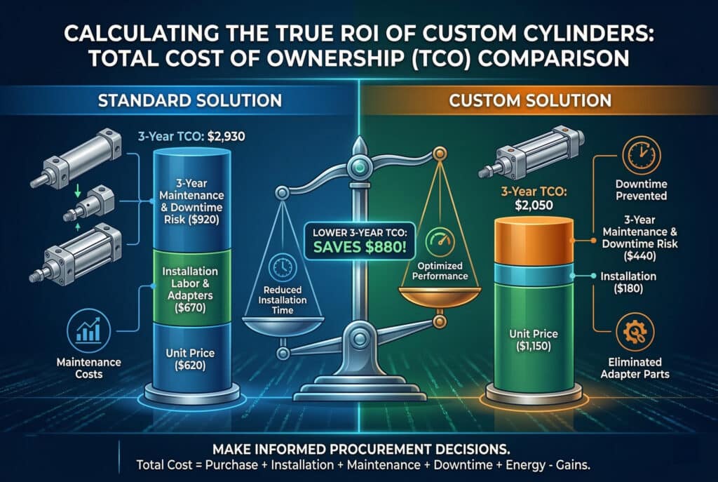 แดชบอร์ดอินโฟกราฟิกแสดงข้อมูลเปรียบเทียบต้นทุนรวมในการเป็นเจ้าของ (TCO) ตลอด 3 ปี ระหว่างกระบอกลมมาตรฐาน ($2,930) กับโซลูชันแบบติดตั้งโดยตรงที่ออกแบบเฉพาะ ($2,050)แผนภูมิแยกค่าใช้จ่ายออกเป็นราคาต่อหน่วย, การติดตั้ง, อะแดปเตอร์, การบำรุงรักษา, และเวลาหยุดทำงาน โดยมีกราฟิกกลางแสดงสเกลที่เอียงไปทางตัวเลือกแบบกำหนดเอง พร้อมป้ายกำกับว่า "ประหยัด $880!" และ "ลด TCO ใน 3 ปี!" ซึ่งสนับสนุนข้อโต้แย้งเรื่อง ROI ของบทความ.