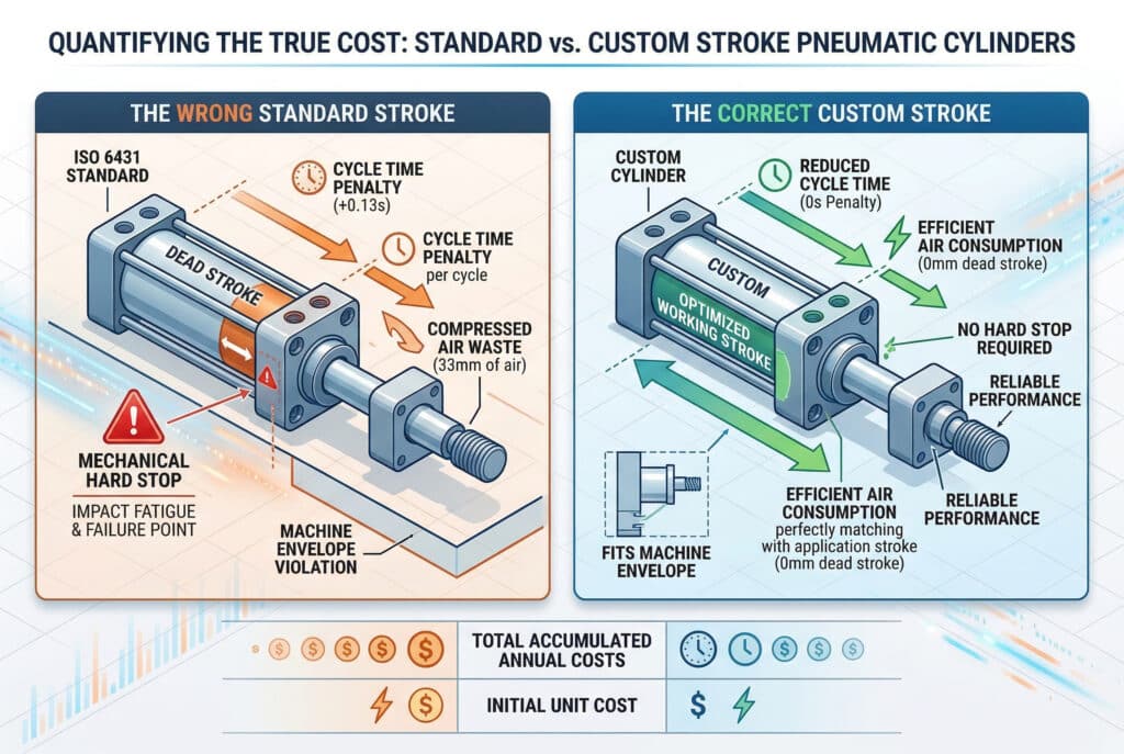 תרשים טכני השוואתי המציג שתי תצורות של צילינדרים פנאומטיים והשפעתן על התפעול: האחת ממחישה מהלך סטנדרטי שאינו מותאם, הגורם למהלך מתבזבז ולפגיעה בביצועים, ואילו השנייה מציגה מהלך מותאם אישית ומותאם באופן מדויק, החוסך בעלויות.