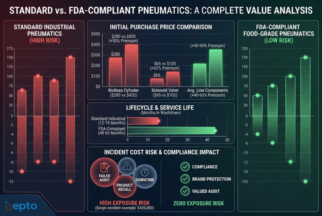 แดชบอร์ดอินโฟกราฟิกที่เปรียบเทียบระบบนิวแมติกส์มาตรฐานอุตสาหกรรมกับระบบที่สอดคล้องกับมาตรฐาน FDA แสดงให้เห็นว่าราคาซื้อสูงกว่า แต่มีอายุการใช้งานที่ยาวนานกว่ามาก และมีความเสี่ยงด้านต้นทุนเหตุการณ์ที่เกิดขึ้นต่ำกว่าอย่างมีนัยสำคัญสำหรับชิ้นส่วนเกรดอาหาร.