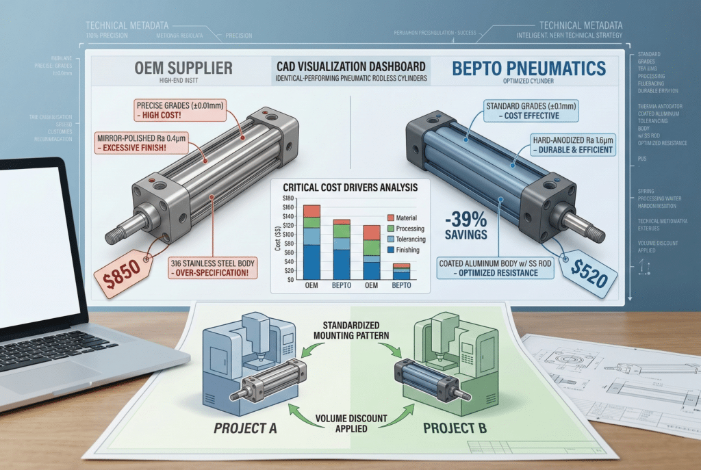 ภาพจำลอง CAD รายละเอียดเปรียบเทียบกระบอกลมนิวเมติกของ OEM กับรุ่นที่เทียบเท่าและได้รับการปรับแต่งจาก Bepto Pneumatics แสดงคำอธิบายประกอบเกี่ยวกับข้อกำหนดที่เกินความจำเป็นซึ่งส่งผลต่อต้นทุน (เช่น สแตนเลสสตีล, ระดับความแม่นยำสูงเกินไป, การตกแต่งผิว Ra ต่ำ) ในชิ้นส่วนของ OEM และการปรับแต่งเพื่อประหยัดต้นทุน (เช่น อลูมิเนียม, วัสดุมาตรฐาน) ในชิ้นส่วนของ Bepto ซึ่งให้ประสิทธิภาพเทียบเท่ากันแต่มีต้นทุนต่ำกว่า 39% แผนภูมิแสดงประโยชน์ของการมาตรฐานที่ใช้ได้กับหลายโครงการ.