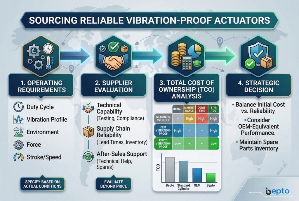 เวิร์กโฟลว์การจัดหาเชิงแนวคิดที่มีโครงสร้าง นำเสนอในรูปแบบภาพประกอบดิจิทัลที่ทันสมัย สี่ขั้นตอนหลักรูปหกเหลี่ยมเชื่อมโยงกันด้วยลูกศรจากบนลงล่างและซ้ายไปขวา แบนเนอร์ด้านบนอ่านว่า "การจัดหาแอคทูเอเตอร์กันสั่นสะเทือนที่เชื่อถือได้" แต่ละขั้นตอนมีไอคอนประกอบและจุดกระสุนรายละเอียดที่ได้มาจากบทความ: ขั้นตอนที่ 1: "บันทึกข้อกำหนด" (ไอคอนเฟือง, อุณหภูมิ, นาฬิกา); ขั้นตอนที่ 2: "ประเมินซัพพลายเออร์" (ไอคอนโลก, จับมือ, การปฏิบัติตาม); ขั้นตอนที่ 3: "คำนวณ TCO" (ไอคอนกองเหรียญ, เครื่องคิดเลข, การเปรียบเทียบตาราง TCO); ขั้นตอนที่ 4: "การตัดสินใจเชิงกลยุทธ์" (ไอคอนโล่, เครื่องหมายถูก, กล่อง) ขั้นตอนที่ 4 สุดท้ายเน้นการสร้างสมดุลระหว่างต้นทุนและความน่าเชื่อถือ โดยพิจารณาประสิทธิภาพเทียบเท่า OEM ลายเส้นทางเทคนิคและรูปแบบข้อมูลอยู่ในพื้นหลัง พร้อมองค์ประกอบข้อความ "การจัดหาที่คุ้มค่า" ที่มุมล่างขวา ไม่มีบุคคลหรือหน่วยผลิตภัณฑ์เฉพาะเจาะจงปรากฏอยู่ มีเพียงข้อมูลและแนวคิดเท่านั้น.