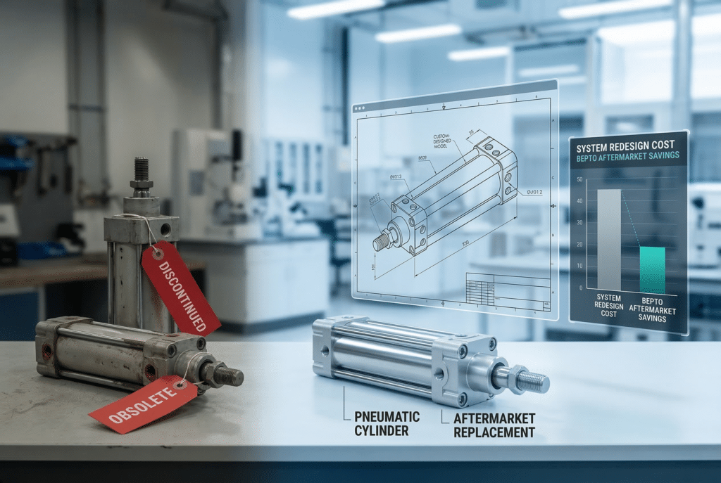 กระบอกลมนิวแมติกที่เลิกผลิตแล้วซึ่งติดป้าย 'เลิกผลิต' ถูกนำเสนอควบคู่ไปกับทางเลือกทดแทน รวมถึงรุ่นที่ใช้งานร่วมกันได้หลังการขาย แบบพิมพ์เขียว CAD และตารางเปรียบเทียบต้นทุนที่แสดงให้เห็นการประหยัดอย่างมีนัยสำคัญ.