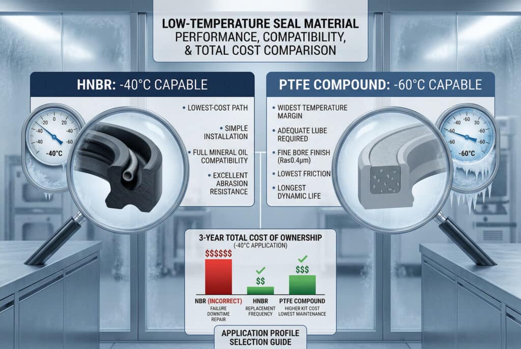 อินโฟกราฟิกเปรียบเทียบข้อมูลทางเทคนิคแบบไดนามิกที่แสดงซีลกระบอกสูบนิวเมติกในสภาวะความเย็นจัด โดยเปรียบเทียบ HNBR ที่ -40°C กับ PTFE Compound ที่ -60°C.