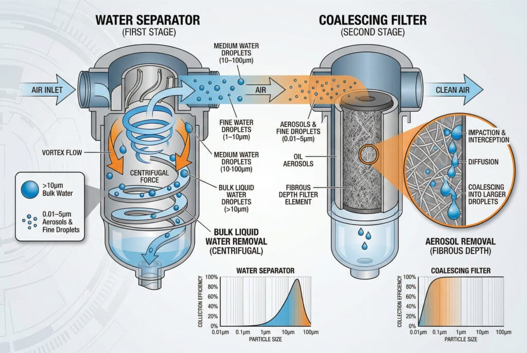 Inženjerski dijagram koji upoređuje separator vode (lijevo) i koalescentni filter (desno) za tretman komprimovanog zraka. Separator koristi vortični tok za uklanjanje većine vode, dok koalescentni filter koristi vlaknasto medij za aerosole. Umetak prikazuje proces koalescencije, a donji grafikoni prikazuju efikasnost prikupljanja.