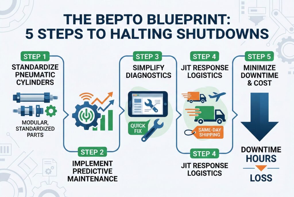 אינפוגרפיקה נקייה והגיונית בת 5 שלבים עם סמלים וטקסט הממחישים את 'תוכנית Bepto: 5 שלבים לעצירת השבתות'. התרשים האופקי מתאר את חמשת השלבים המרכזיים: 1. סטנדרטיזציה של צילינדרים פנאומטיים; 2. יישום תחזוקה חזויה; 3. פישוט האבחון; 4. לוגיסטיקה של תגובה JIT; 5. מזעור זמן ההשבתה והעלות, המציג הפחתה משמעותית בהפסדי זמן ההשבתה באמצעות התהליך. העיצוב אסתטי, נקי ומקצועי, עם צבעים כחולים, ירוקים וכתומים בולטים, תוך הימנעות מתמונות של מוצרים ועמידה בדרישה ל'תרשים נתונים'.