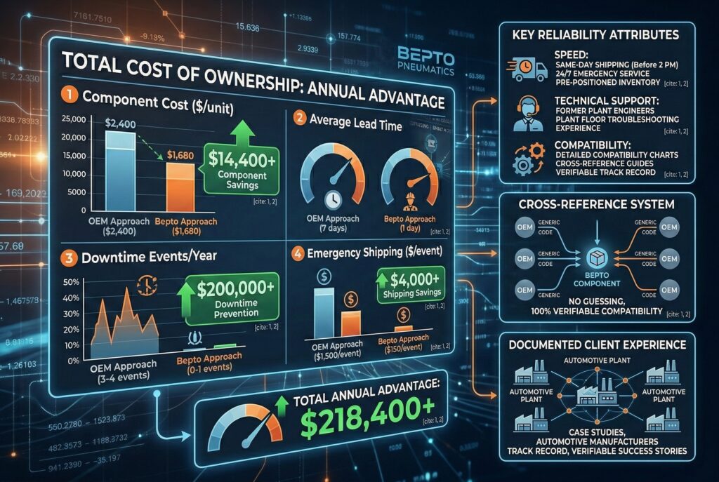 לוח מחוונים דיגיטלי מתוחכם ומאויר המספק השוואה מפורטת של העלות הכוללת של הבעלות (TCO). תרשימי נתונים מרכזיים עם חצים ירוקים כלפי מעלה מדגישים חיסכון שנתי משמעותי לעומת גישה מסורתית של יצרני ציוד מקורי (OEM) ליישומים בתחום הרכב, הכולל עלויות רכיבים ($14,400+), מניעת השבתות ($200,000+) ומשלוחי חירום ($4,000+), והתוצאה היא יתרון שנתי כולל של $218,400+. לוחות מאוירים נוספים מסבירים את גורמי האמינות הקריטיים התורמים לחיסכון זה, כולל 'מהירות שחוסכת כסף' (משלוח באותו יום, שירות חירום), 'שותפות טכנית, לא רק מכירות' (מהנדסי מפעל לשעבר), 'מערכת הפניות צולבות שקופה' (מדריכי תאימות מפורטים) ו'ניסיון לקוחות מתועד' (רקורד ניתן לאימות). כל הקומפוזיציה מאוירת בסגנון טכנולוגי מודרני, ללא תמונות של מוצרים פיזיים או דמויות, ומגלמת מידע סמנטי טהור.