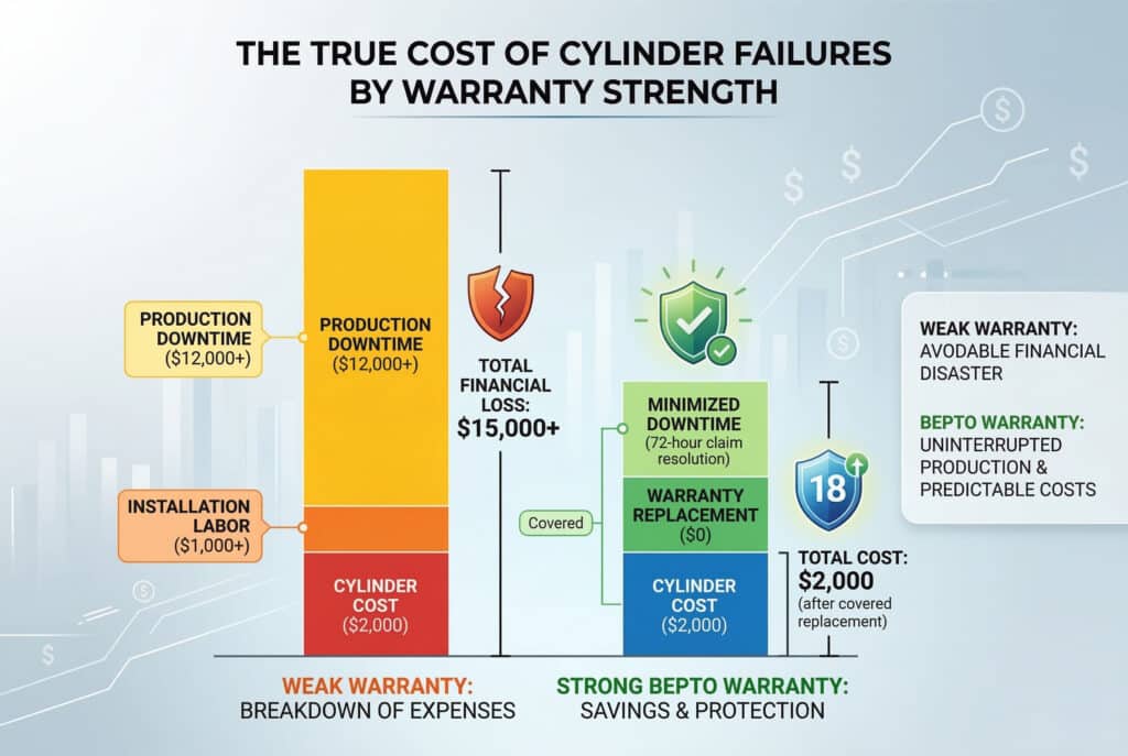 อินโฟกราฟิกการนำเสนอข้อมูลสมัยใหม่ที่เปรียบเทียบผลกระทบทางการเงินของการรับประกันกระบอกสูบนิวเมติกที่อ่อนแอกับการรับประกัน 18 เดือนที่แข็งแกร่งของ Bepto Pneumaticsทางด้านซ้าย แผนภูมิแท่ง 'การรับประกันที่อ่อนแอ' แสดงค่าใช้จ่ายของความล้มเหลวของกระบอกสูบ: ค่าใช้จ่ายของกระบอกสูบ ($2,000), ค่าแรงติดตั้ง ($1,000+), และเวลาหยุดการผลิต ($12,000+), รวมเป็นเงินมากกว่า $15,000 พร้อมไอคอนโล่แตกทางด้านขวา แผนภูมิแท่ง 'การรับประกันที่แข็งแกร่งของ BEPTO' แสดงให้เห็นว่าต้นทุนรวมเป็นเพียงการซื้อถังแรก ($2,000) เท่านั้น พร้อมกับการเปลี่ยนทดแทนภายใต้การรับประกันที่ $0 และลดเวลาหยุดทำงานให้น้อยที่สุดด้วยการแก้ไขการเรียกร้องภายใน 72 ชั่วโมงและการจัดส่งที่รวดเร็ว ซึ่งแสดงด้วยเครื่องหมายถูกและโล่เรืองแสง ชื่อเรื่องตรงกลางและกล่องคำอธิบายแสดงปริมาณความหายนะทางการเงินที่สามารถหลีกเลี่ยงได้.