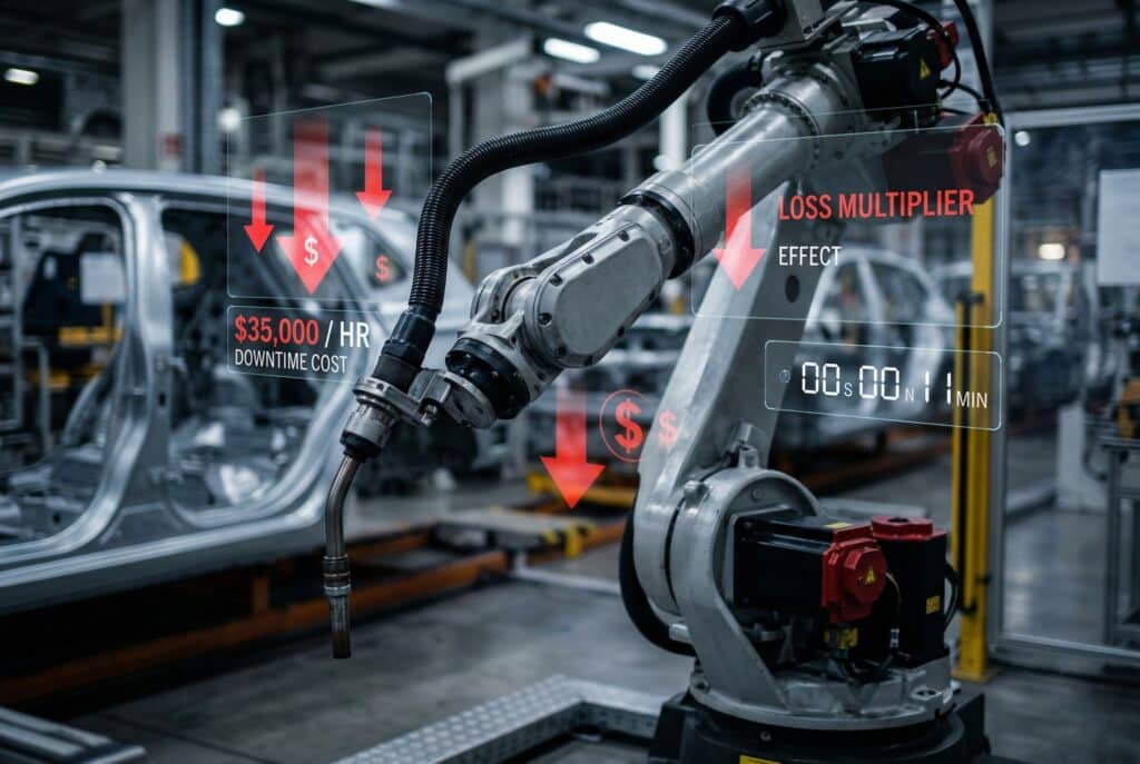 זרוע ריתוך רובוטית שקטה ונייחת על פס ייצור רכב מושבת, מוקפת בשכבות נתונים המציגות את עלויות השבתת הייצור הגוברות של $35,000 לשעה וגורמי הפסד מרובים, המייצגים את ההשפעה הכלכלית וחוסר היעילות של סגירת מפעלים בלתי מתוכננת.