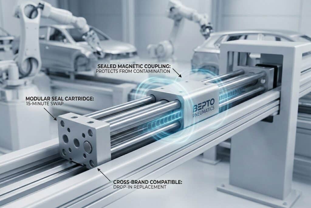 צילינדר מגנטי ללא מוט של Bepto Pneumatics, מודרני ומדויק, המשולב במערכת גשר נקייה ומודרנית מעל פס ייצור רכב. הוא כולל כיתובים חזותיים וטקסט באנגלית מושלמת המציין פרטים טכניים מרכזיים המוזכרים במאמר: 'צימוד מגנטי אטום: מגן מפני זיהום', 'מחסנית איטום מודולרית: החלפה תוך 15 דקות' ו'תואם למותגים שונים: החלפה קלה'. לוגו קטן של 'BEPTO PNEUMATICS' נראה על גוף האלומיניום המלוטש. הקומפוזיציה מתמקדת באמינות וביעילות.