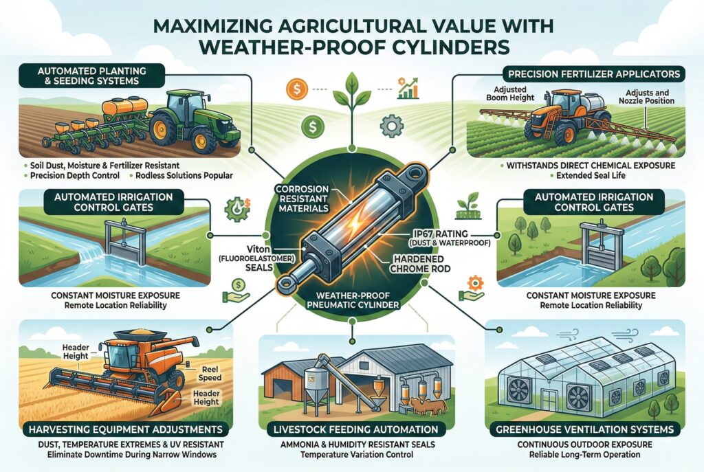 อินโฟกราฟิกดิจิทัลระดับมืออาชีพที่แสดงรายละเอียดการใช้งานทางการเกษตรที่สำคัญซึ่งได้รับประโยชน์สูงสุดจากกระบอกสูบที่ทนต่อสภาพอากาศ รวมถึงการปลูกพืชอัตโนมัติ การใส่ปุ๋ยแบบแม่นยำ ประตูชลประทานอัตโนมัติ การปรับอุปกรณ์เก็บเกี่ยว การอัตโนมัติของสิ่งอำนวยความสะดวกสำหรับปศุสัตว์ และการระบายอากาศในโรงเรือน แต่ละส่วนเชื่อมโยงกับกระบอกสูบที่แข็งแรงทนทานซึ่งมีจุดเน้นเช่น 'วัสดุทนการกัดกร่อน' และ 'ซีล Viton' แสดงให้เห็นถึงความต้านทานต่อสิ่งแวดล้อมที่จำเป็นสำหรับการทำงานที่เชื่อถือได้ในแต่ละบริบทเฉพาะโดยไม่ต้องใช้คนข้อความทั้งหมดเป็นภาษาอังกฤษที่ถูกต้อง.