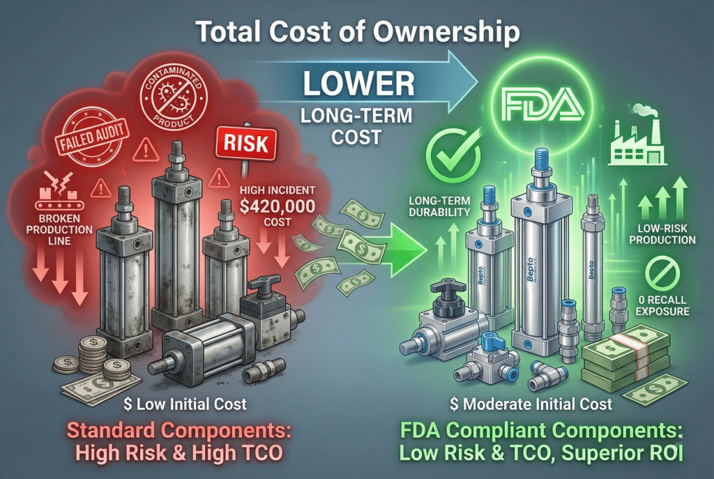 ภาพประกอบเชิงแนวคิดที่มีสองด้านที่แตกต่างกัน เปรียบเทียบต้นทุนรวมในการเป็นเจ้าของของชิ้นส่วนระบบนิวเมติก ด้านซ้ายแสดงชิ้นส่วนมาตรฐาน เป็นชิ้นส่วนระบบนิวเมติกอุตสาหกรรมมาตรฐาน (สีเทาและโลหะ) ล้อมรอบด้วยเมฆและไอคอนอันตรายสีแดง: ตราประทับ 'FAILED AUDIT' สัญลักษณ์การปนเปื้อน อุปกรณ์ที่เสียหาย ต้นทุนเหตุการณ์สูง '$420,000' และลูกศรแสดงเส้นเวลาขนาดเล็กจำนวนมากที่ลดลงกองเหรียญดอลลาร์ขนาดเล็กมีป้ายระบุว่า '$ ต้นทุนเริ่มต้นต่ำ' ด้านนี้มีหัวข้อว่า 'ส่วนประกอบมาตรฐาน: ความเสี่ยงสูง & ต้นทุนรวมตลอดวงจร'ทางด้านขวา แสดงส่วนประกอบที่เป็นไปตามมาตรฐาน FDA พร้อมตราประทับสีน้ำเงินและโลโก้ Bepto Pneumatics ขนาดเล็ก ประกอบด้วยชิ้นส่วนนิวเมติกสแตนเลสสตีลขัดเงาวาววับ พร้อมรัศมีสีเขียวสดใส โลโก้ FDA ที่เรืองแสง เครื่องหมายถูก ไอคอนโรงงานสะอาด เส้นเวลาความทนทานระยะยาว (ลูกศรชี้ขึ้น) ข้อความ 'ไม่มีการเรียกคืนสินค้า' และสัญลักษณ์ 'การผลิตที่มีความเสี่ยงต่ำ'กองเหรียญดอลลาร์ที่ใหญ่กว่าและเรียงเป็นระเบียบมีป้ายระบุว่า '$ ต้นทุนเริ่มต้นปานกลาง' ด้านนี้มีหัวข้อว่า 'ส่วนประกอบที่สอดคล้องกับ FDA: ความเสี่ยงต่ำ & ต้นทุนรวมตลอดอายุการใช้งาน, ผลตอบแทนการลงทุนที่เหนือกว่า' แบนเนอร์ขนาดใหญ่เหนือทั้งสองด้านเขียนว่า 'ต้นทุนระยะยาวที่ต่ำกว่า' พร้อมลูกศรสีเขียวชี้ไปทางด้านที่สอดคล้องกับ FDA องค์ประกอบทั้งหมดมีแสงไฟทันสมัยและการแสดงข้อมูลบนพื้นหลังที่สะอาดสัดส่วนคือ 3:2. ป้ายกำกับข้อความภาษาอังกฤษ.