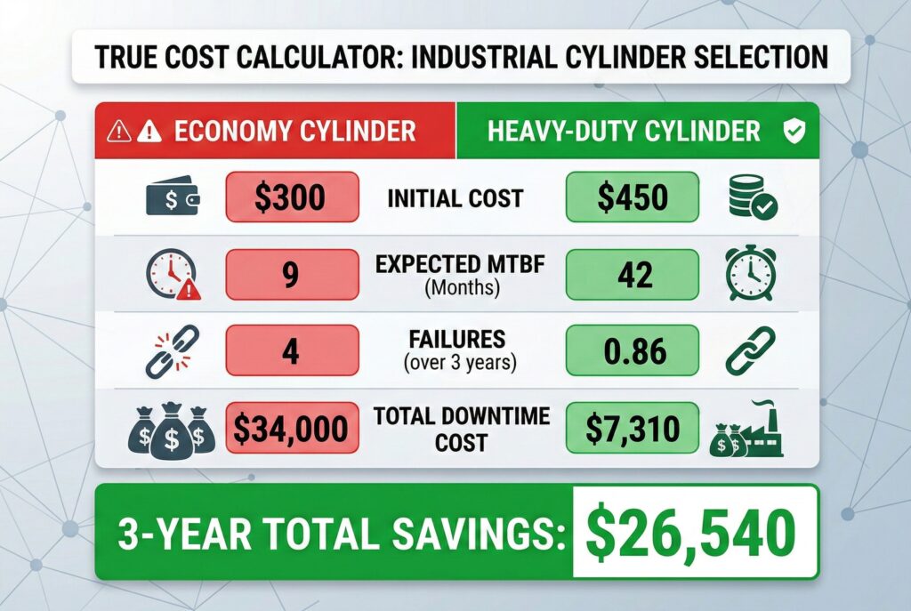 แผนภูมิอินโฟกราฟิกที่เปรียบเทียบต้นทุนรวมที่แท้จริงในการเป็นเจ้าของ (TCO) ตลอดระยะเวลา 3 ปี ระหว่างกระบอกสูบมาตรฐานสำหรับงานทั่วไปกับกระบอกสูบสำหรับงานหนักแบบใช้งานต่อเนื่อง โดยแสดงรายละเอียดตัวชี้วัดต่างๆ เช่น ต้นทุนเริ่มต้น, ค่าเฉลี่ยเวลาทำงานระหว่างเสีย (MTBF), จำนวนครั้งการเสียหายในระยะเวลา 3 ปี และต้นทุนรวมของเวลาหยุดทำงาน พร้อมเน้นย้ำถึงการประหยัดอย่างมีนัยสำคัญถึง 1,042,654 บาท จากการเลือกใช้ตัวเลือกที่เชื่อถือได้สำหรับงานหนัก เพื่อลดเวลาหยุดทำงานที่ไม่คาดคิดให้น้อยที่สุด.