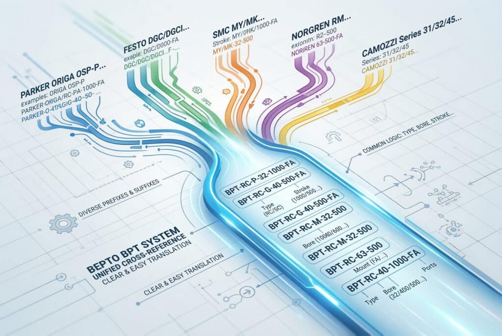 ภาพประกอบอินโฟกราฟิกสมัยใหม่ที่แสดงข้อมูลหลากหลายรูปแบบซึ่งเป็นตัวแทนของระบบหมายเลขชิ้นส่วนกระบอกลมของผู้ผลิตต่างๆ (Parker Origa, Festo, SMC, Norgren และ Camozzi) ที่มีรูปแบบรหัสที่ซับซ้อนและแตกต่างกันเล็กน้อย โดยจะแสดงข้อมูลจากบนลงล่างและรวมเข้าด้วยกันเป็นช่องทางเดียวที่มีสีฟ้าและขาวสว่างซึ่งระบุไว้ว่า 'BEPTO BPT SYSTEM UNIFIED CROSS-REFERENCE' และ 'CLEAR & EASY TRANSLATION'ภายในช่องทางที่รวมเป็นหนึ่งเดียวนี้ รหัสที่สะอาดและสอดคล้องกัน เช่น 'BPT-RC-P-32-1000-FA', 'BPT-RC-G-40-500-FA' และ 'BPT-RC-M-32-500' จะถูกจัดเรียงอย่างเป็นระเบียบและมองเห็นได้ชัดเจนซับเลเบลชี้ไปยังองค์ประกอบที่ถอดรหัสแล้วที่สำคัญ เช่น 'ประเภท (RC/SC)', 'ขนาดรู (32/40/63...)', 'ระยะชัก (1000/500...)', 'การติดตั้ง (FA/...)', และ 'พอร์ต'เส้นเชื่อมบางๆ และจุดข้อมูลพร้อมป้ายกำกับข้อความเช่น 'คำนำหน้าและคำต่อท้ายที่หลากหลาย' และ 'ตรรกะทั่วไป: ประเภท, การเจาะ, การกระแทก...' เชื่อมโยงองค์ประกอบต่างๆ พื้นหลังเป็นสภาพแวดล้อมทางวิศวกรรมที่สะอาดและทันสมัยพร้อมเส้นตารางบางๆ และรายละเอียดแบบแผนผังไม่มีผู้คนปรากฏอยู่ สไตล์สะอาด ทันสมัย เน้นข้อมูล และการนำเสนอทางวิศวกรรมอย่างมืออาชีพ พร้อมความลึกของภาพเล็กน้อย อัตราส่วน 3:2.