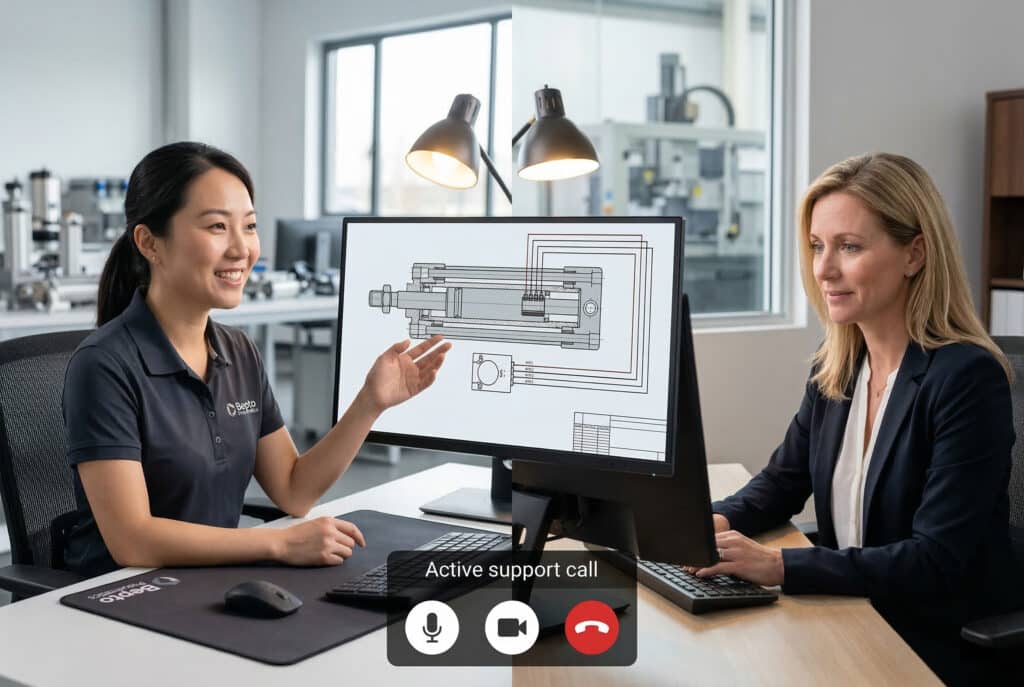 มุมมองหน้าจอแยกของการโทรวิดีโอสนับสนุนทางวิศวกรรมระยะไกล แสดงให้เห็นวิศวกรชาวจีนของ Bepto ที่มีความมั่นใจ กำลังอธิบายแผนผังการเดินสายเซ็นเซอร์นิวแมติกที่ซับซ้อนให้กับลูกค้าชาวแคนาดาเชื้อสายคอเคเชียนที่รู้สึกโล่งใจ ซึ่งกำลังแก้ไขปัญหาการบูรณาการอยู่.