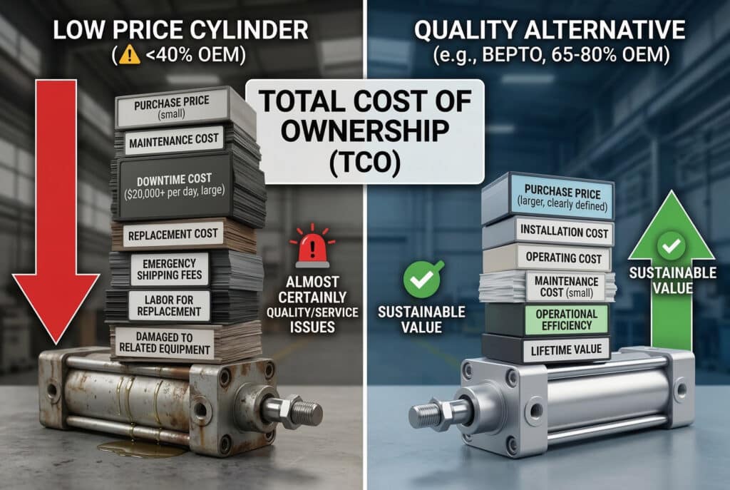 การเปรียบเทียบแบบอินโฟกราฟิกอย่างมืออาชีพ ที่กระบอกลมราคาต่ำ (<40% OEM) แสดงให้เห็นถึงต้นทุนแฝงจำนวนมากที่ซ่อนอยู่ เช่น การบำรุงรักษาและเวลาหยุดทำงาน ในขณะที่ทางเลือกที่มีคุณภาพอย่าง Bepto แสดงต้นทุนรวมตลอดอายุการใช้งานที่น้อยกว่าและยั่งยืนกว่ามาก.