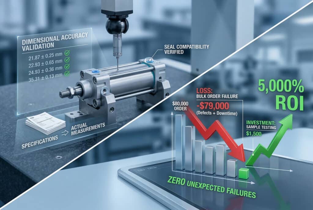 ภาพอินโฟกราฟิกแนวทแยงแบ่งครึ่งแสดงเครื่องวัดพิกัดอัตโนมัติ (CMM) กำลังตรวจสอบขนาดของตัวอย่างกระบอกลมความแม่นยำสูง โดยมีป้ายกำกับเช่น "การตรวจสอบความแม่นยำเชิงมิติ" และ "การวัดจริงเทียบกับข้อกำหนด"ในทางตรงกันข้าม ด้านตรงข้ามประกอบด้วยแผนภูมิแท่งและกราฟเชิงแนวคิด: กราฟลูกศรสีแดงขนาดใหญ่ที่ลดลงซึ่งระบุว่า "การสูญเสีย: ความล้มเหลวในการสั่งซื้อจำนวนมาก" แสดงข้อความเช่น "-$79,000 (ข้อบกพร่อง + เวลาหยุดทำงาน)" ข้างมูลค่าการสั่งซื้อ "$80,000" ซึ่งเทียบกับกราฟลูกศรสีเขียวที่เล็กกว่าแต่เพิ่มขึ้นอย่างต่อเนื่องซึ่งระบุว่า "การลงทุน:"การทดสอบตัวอย่าง" พร้อมข้อความ "$1,500" และตัวบ่งชี้ "5,000% ROI" ขนาดใหญ่ ด้านล่างแผนภูมิที่กำลังเพิ่มขึ้น มีข้อความสีเขียวระบุว่า "ไม่มีความล้มเหลวที่ไม่คาดคิด" พื้นหลังที่ซับซ้อนบ่งบอกถึงห้องปฏิบัติการวิจัยและพัฒนาอุตสาหกรรม เน้นย้ำว่าการตรวจสอบตัวอย่างอย่างรอบคอบช่วยป้องกันความล้มเหลวทางการเงินและการผลิตครั้งใหญ่ ไม่มีตัวละครมนุษย์ปรากฏอยู่.