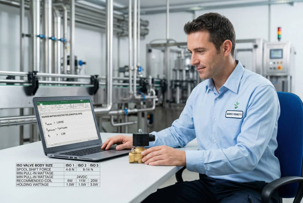 מהנדס תחזוקה מקצועי (מרקו פרטי) במפעל בקבוקי מים בוורונה, איטליה, מאמת את חישובי ההספק של הסולנואיד (לצורך ירידת מתח, השפעת טמפרטורה וכוחות במקרה הגרוע ביותר) במחשב נייד (כלי תיאורטי לבחירת הספק) ומחזיק בידו שסתום סולנואיד 24 וולט DC. לידו, טבלת התייחסות מפרטת את מידות גופי השסתומים לפי תקן ISO, כוחות הזזה של הסליל, הספקי משיכה/החזקה מינימליים וסלילים מומלצים (6W, 11W, 20W למשיכה עם 1.0W, 1.5W, 3.0W להחזקה). ברקע נראית חלק מהמפעל.